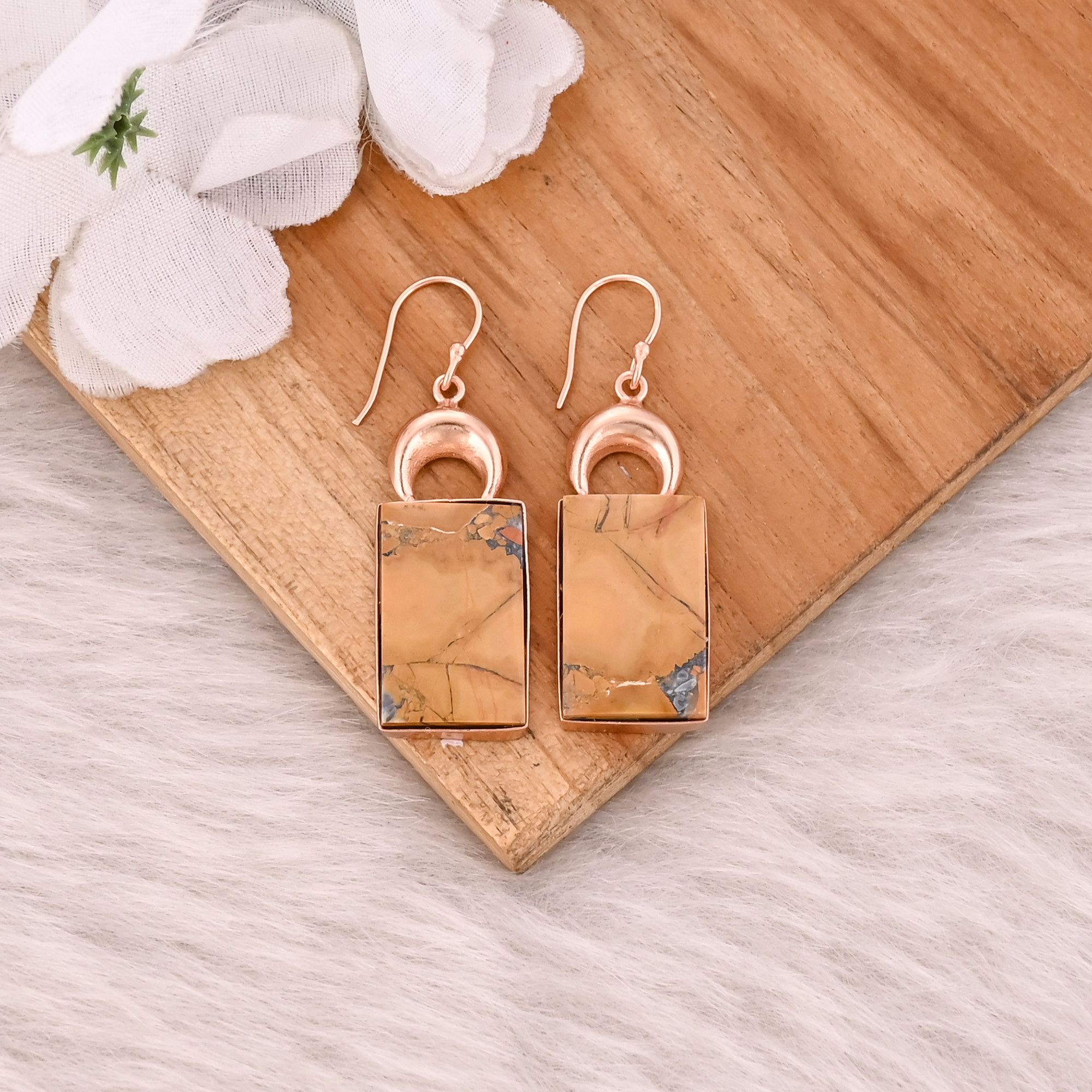 Malinga Jasper Gemstone Brass Rose Gold Plated Dangle Earring Handmade Charm Jewelry Gift For Her