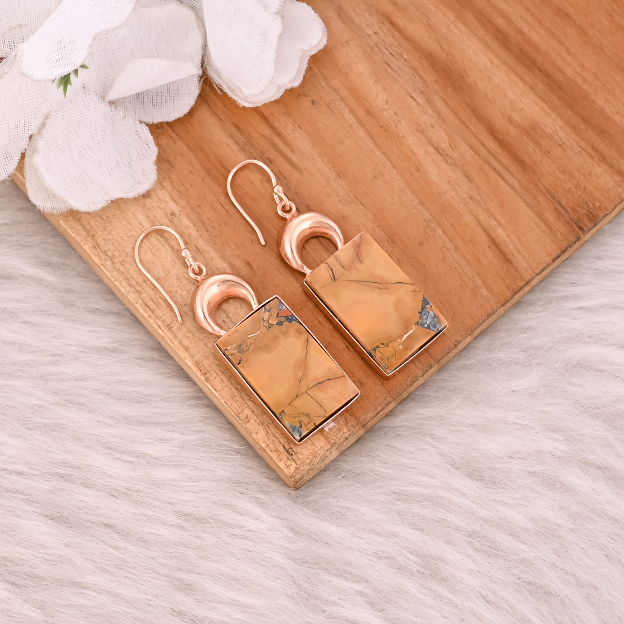 Malinga Jasper Gemstone Brass Rose Gold Plated Dangle Earring Handmade Charm Jewelry Gift For Her