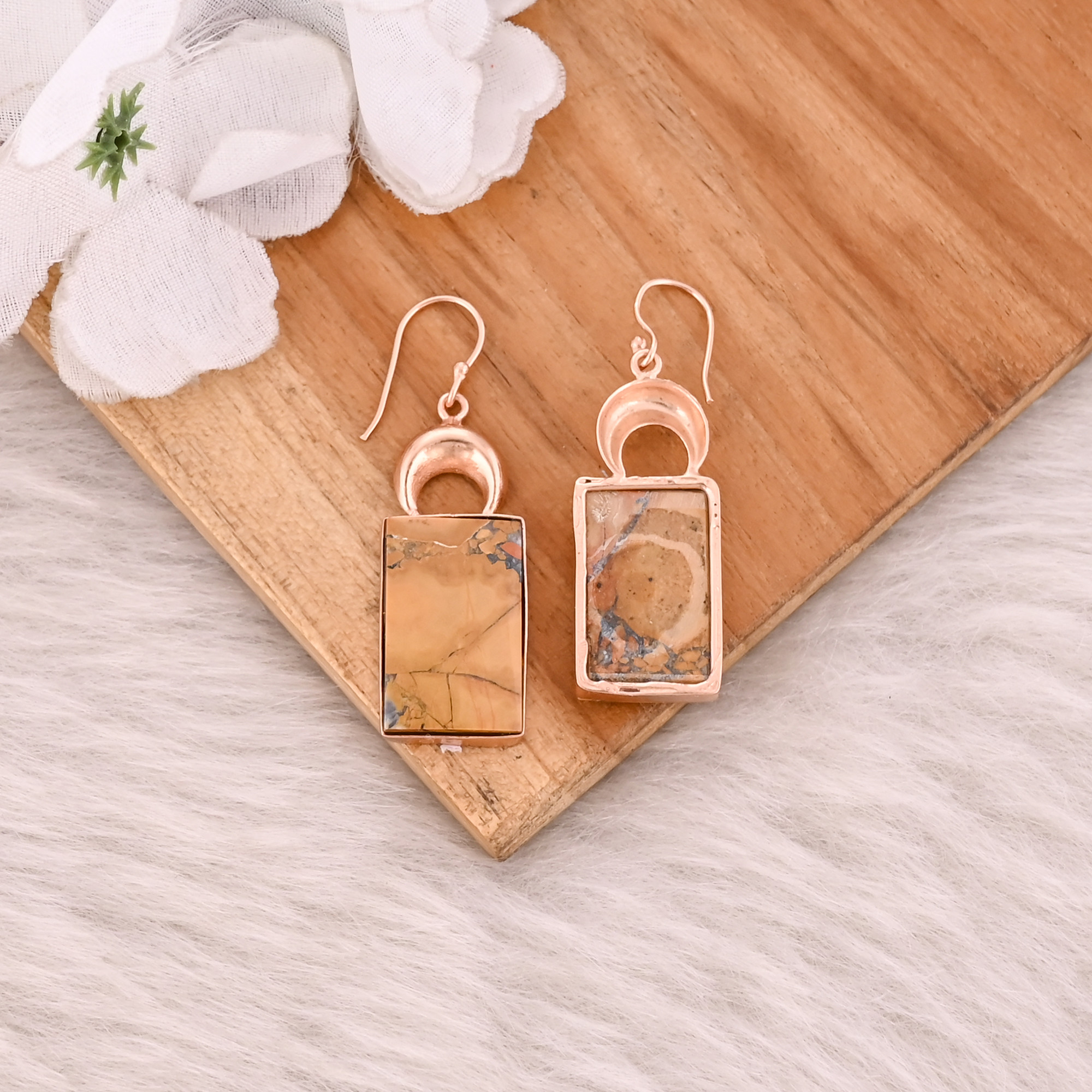 Malinga Jasper Gemstone Brass Rose Gold Plated Dangle Earring Handmade Charm Jewelry Gift For Her
