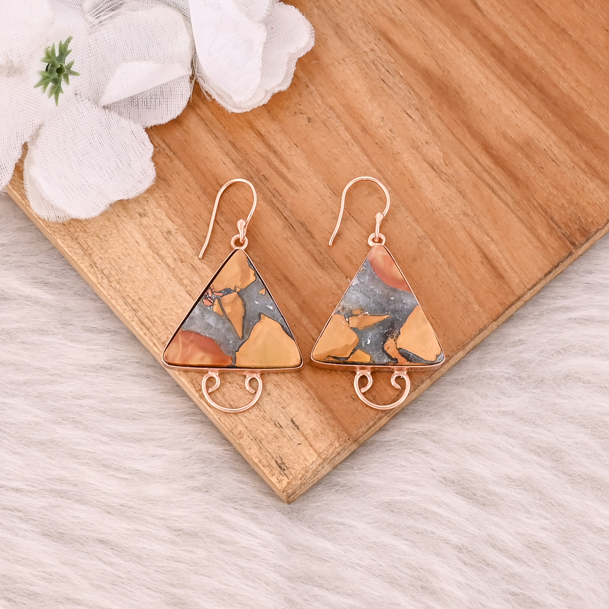 Malinga Jasper Triangle Gemstone Rose Gold Plating Handmade Designer Anniversary Gift Earrings