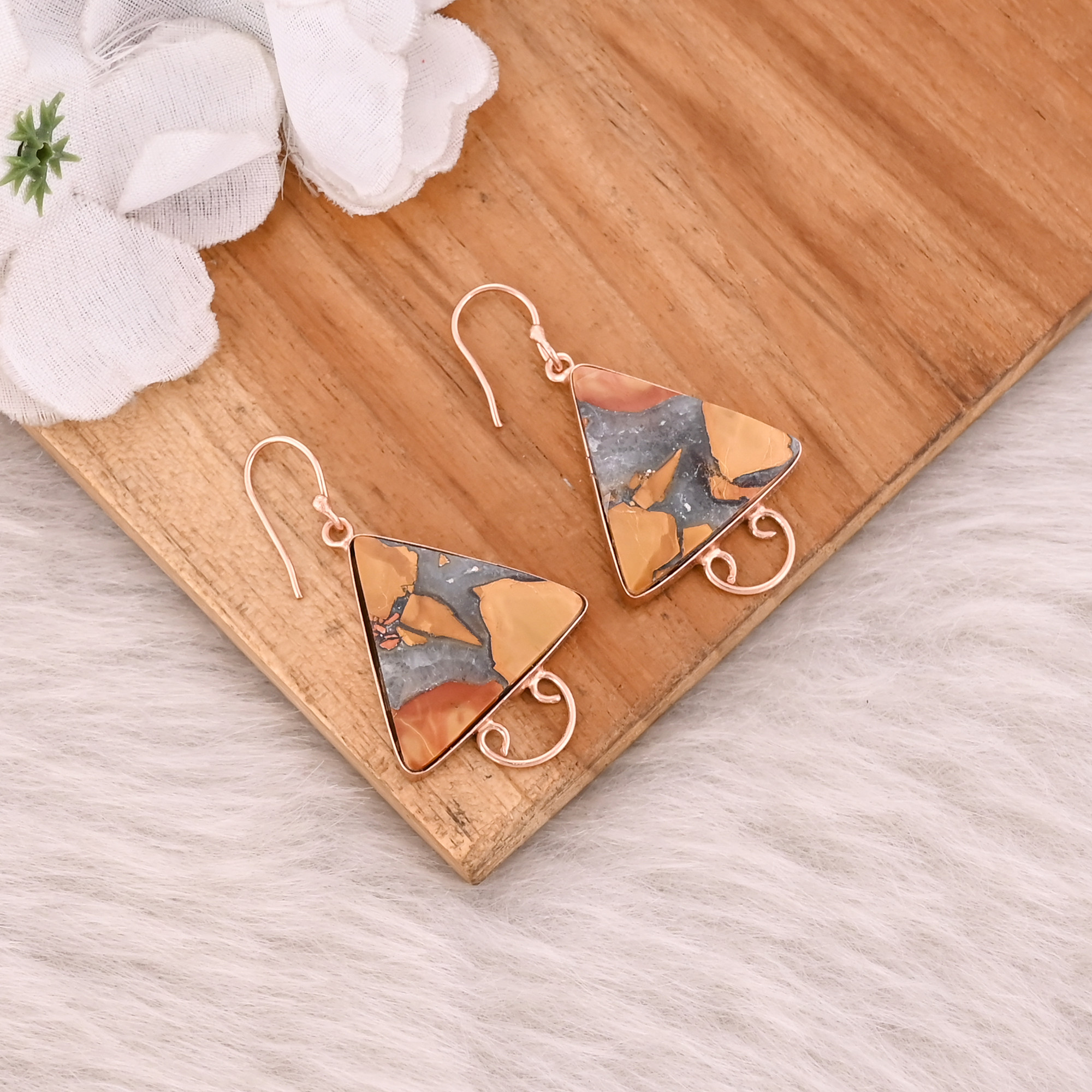 Malinga Jasper Triangle Gemstone Rose Gold Plating Handmade Designer Anniversary Gift Earrings