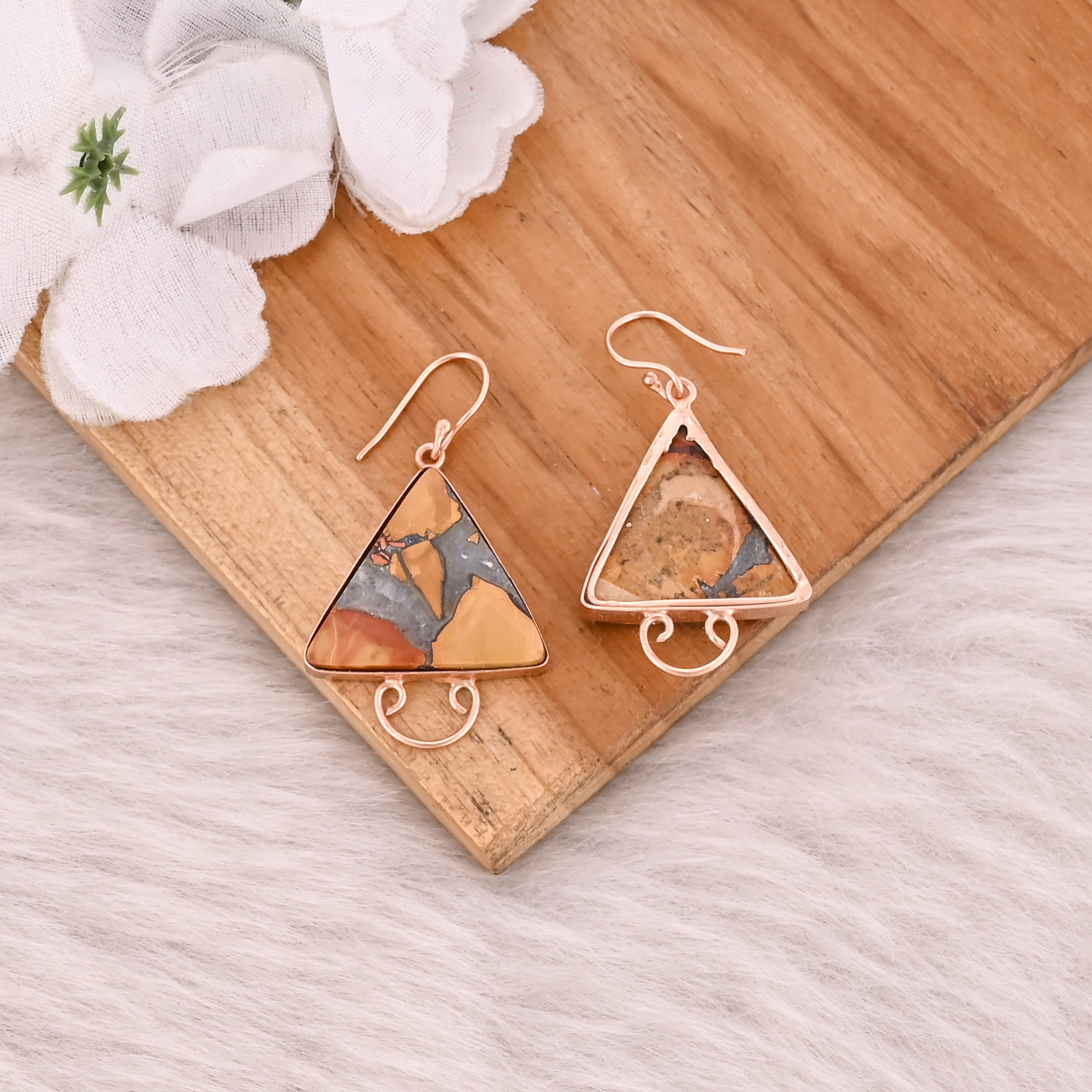 Malinga Jasper Triangle Gemstone Rose Gold Plating Handmade Designer Anniversary Gift Earrings
