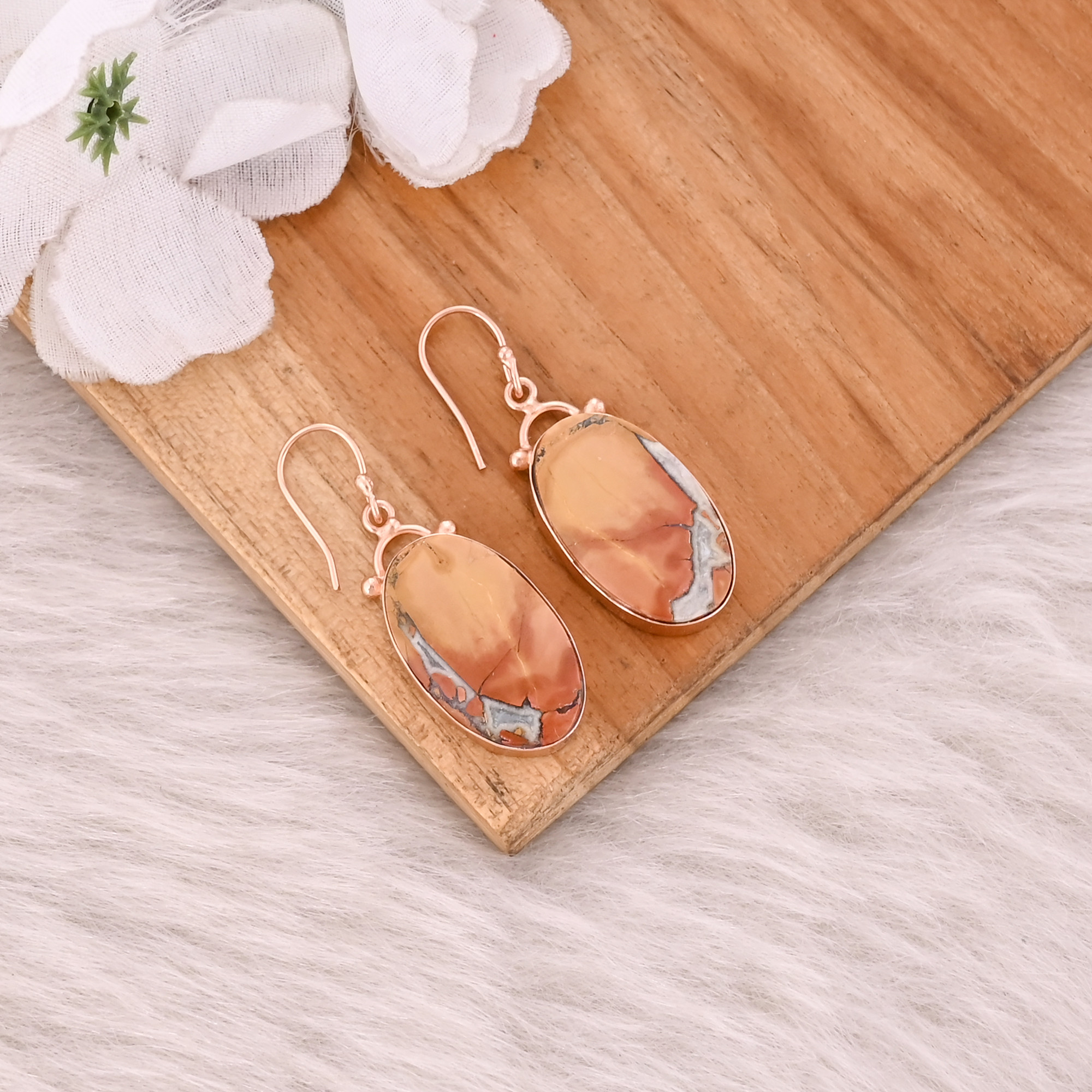 Malinga Jasper Oval Gemstone Brass Rose Gold Plated Dangle Handmade Bohemian Earring