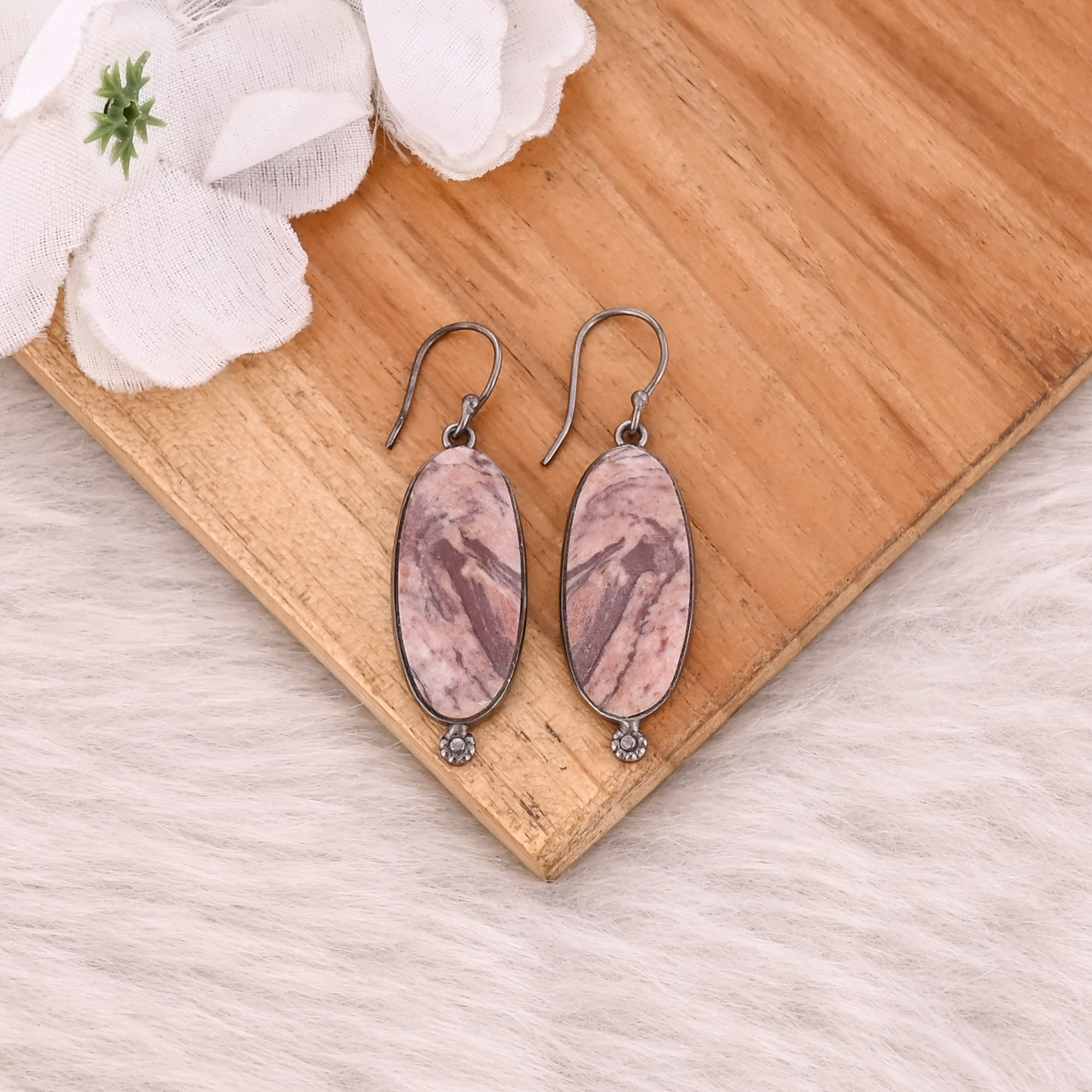 Malinga Jasper Long Oval Gemstone Handmade Designer Brass Black Ruthenium Dangler Earring