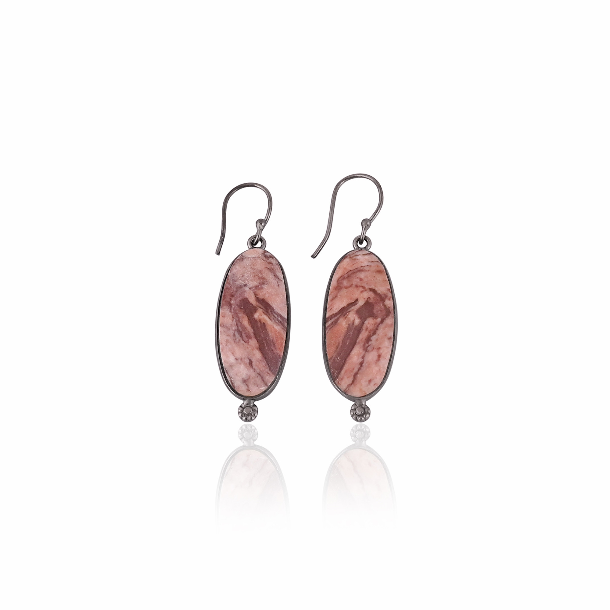 Malinga Jasper Long Oval Gemstone Handmade Designer Brass Black Ruthenium Dangler Earring
