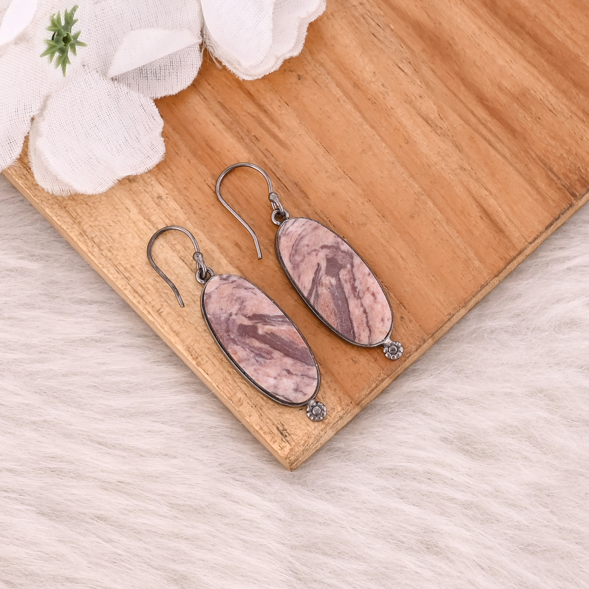 Malinga Jasper Long Oval Gemstone Handmade Designer Brass Black Ruthenium Dangler Earring