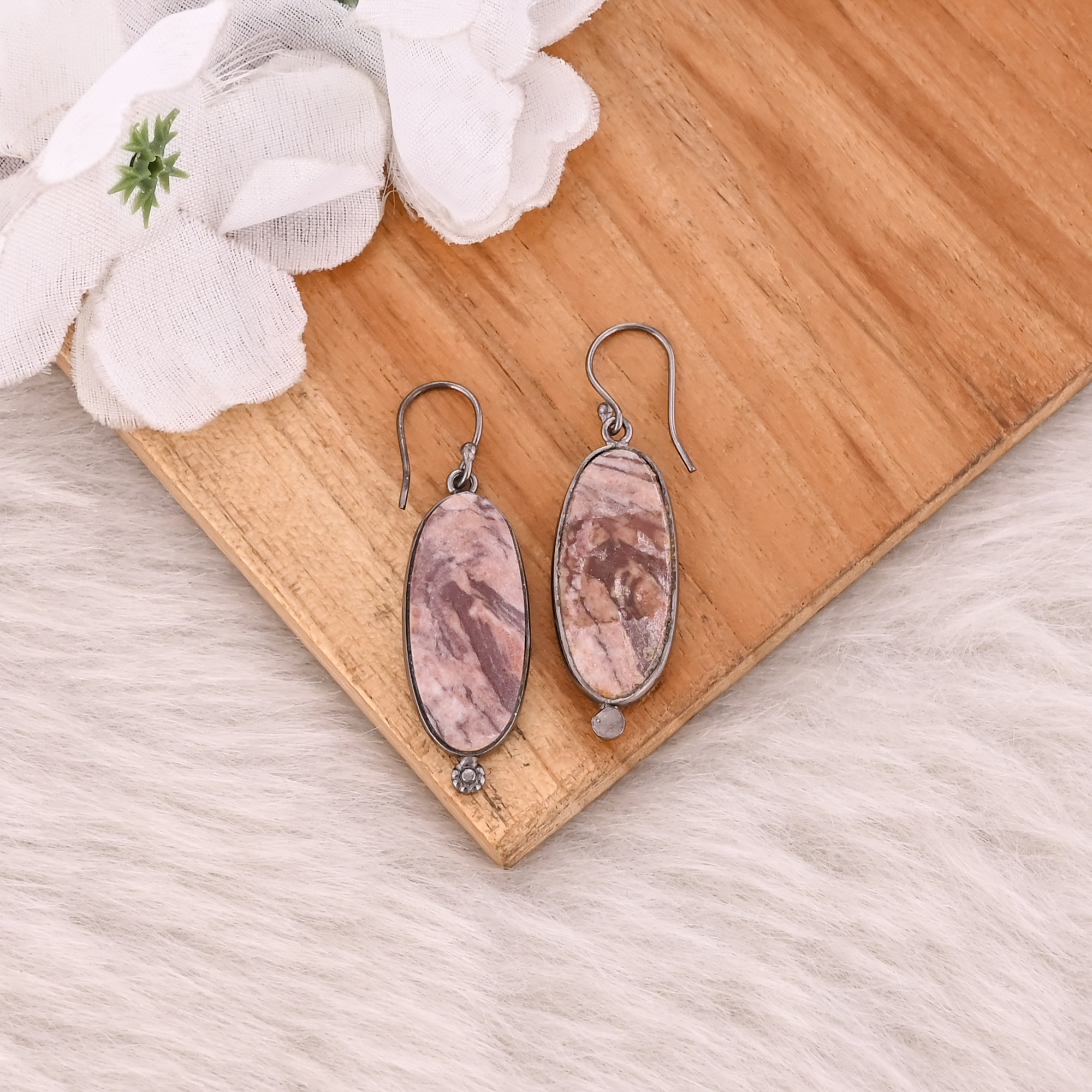 Malinga Jasper Long Oval Gemstone Handmade Designer Brass Black Ruthenium Dangler Earring