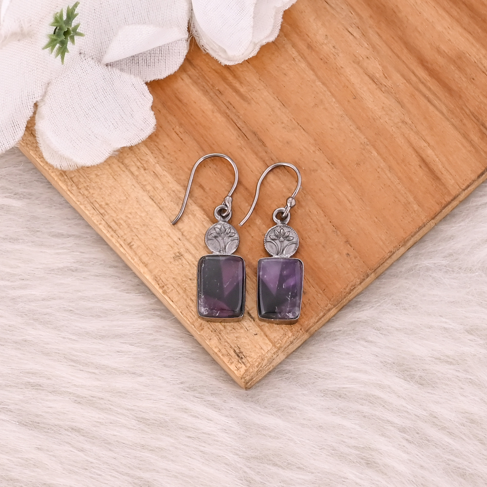 Brass Handmade Boho Designer Star Amethyst Black Ruthenium Gemstone Dangle Earring Jewelry