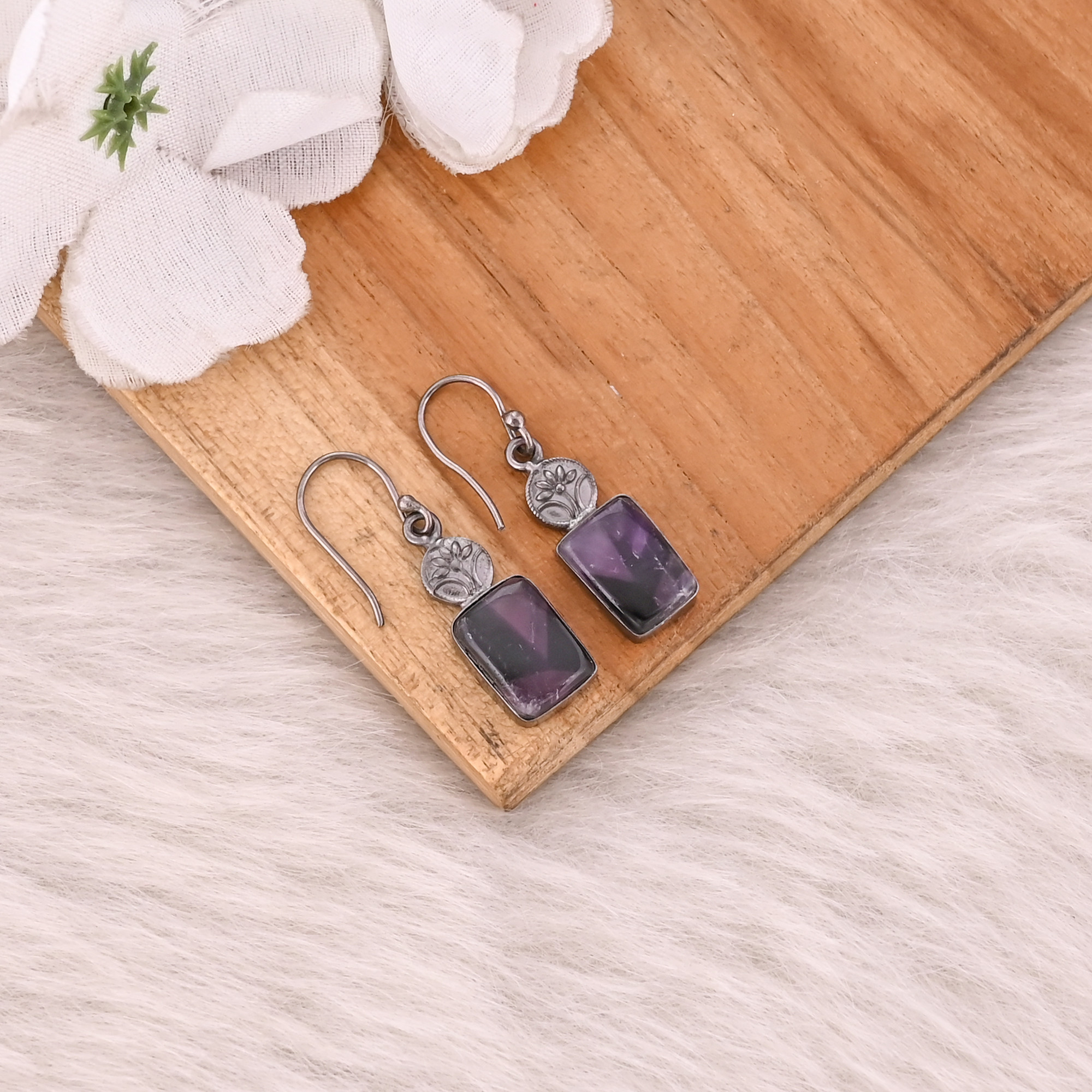 Brass Handmade Boho Designer Star Amethyst Black Ruthenium Gemstone Dangle Earring Jewelry
