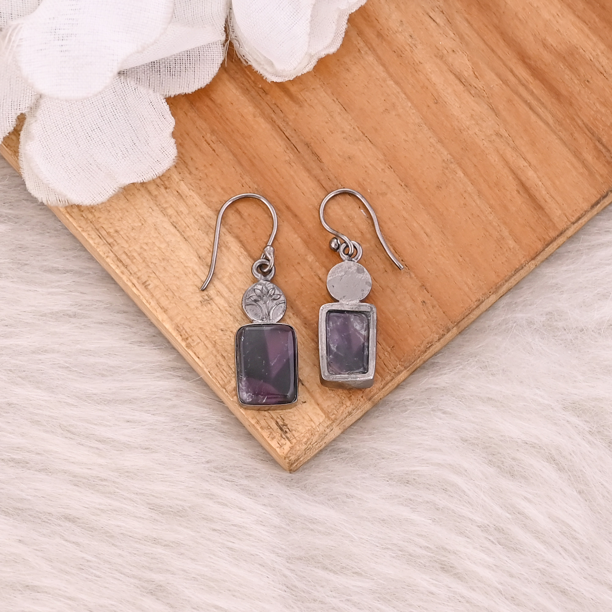 Brass Handmade Boho Designer Star Amethyst Black Ruthenium Gemstone Dangle Earring Jewelry