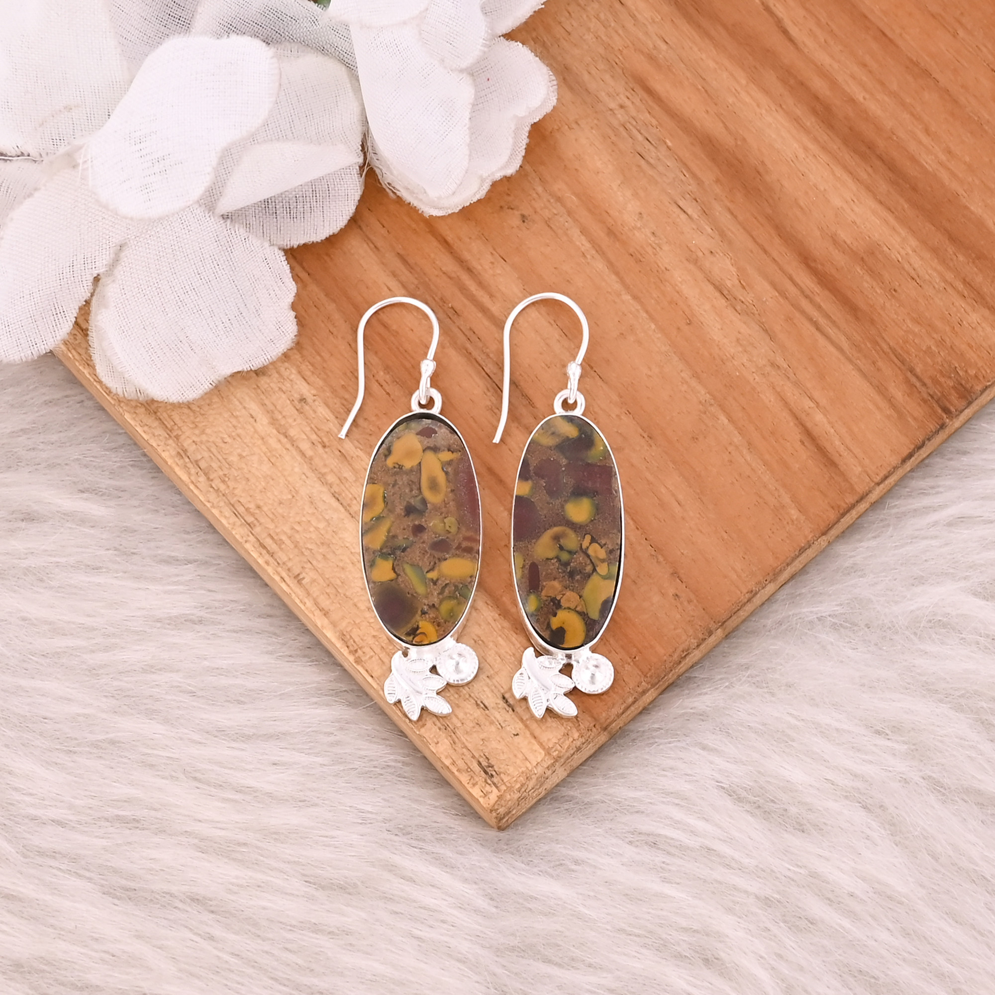 Fruit Jasper Long Oval Gemstone Handmade Designer Brass Silver Plated Dangler Earring