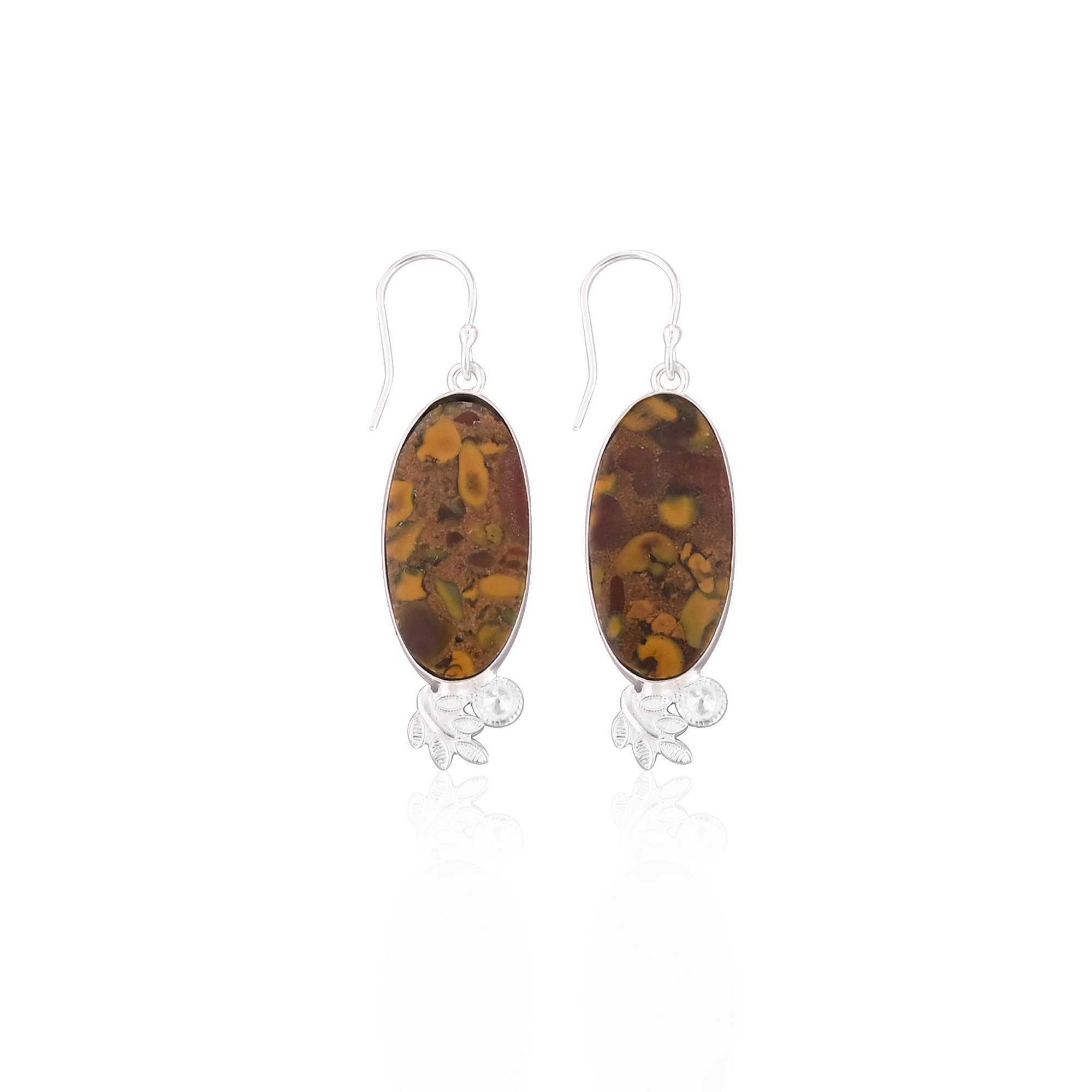 Fruit Jasper Long Oval Gemstone Handmade Designer Brass Silver Plated Dangler Earring