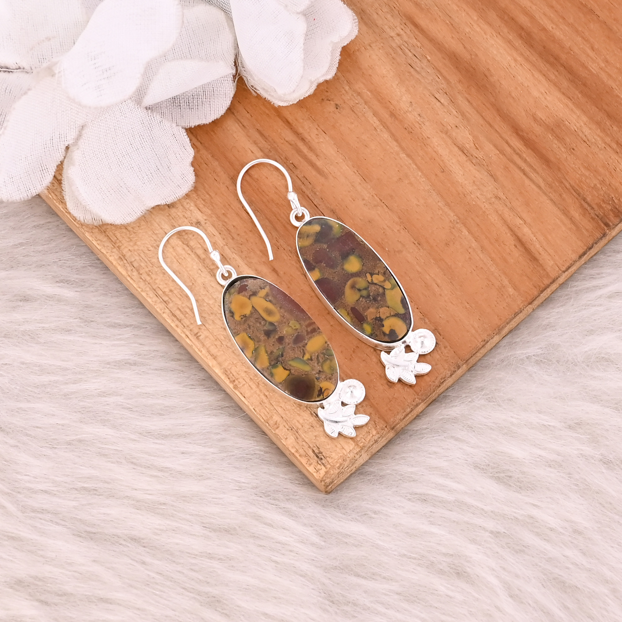 Fruit Jasper Long Oval Gemstone Handmade Designer Brass Silver Plated Dangler Earring