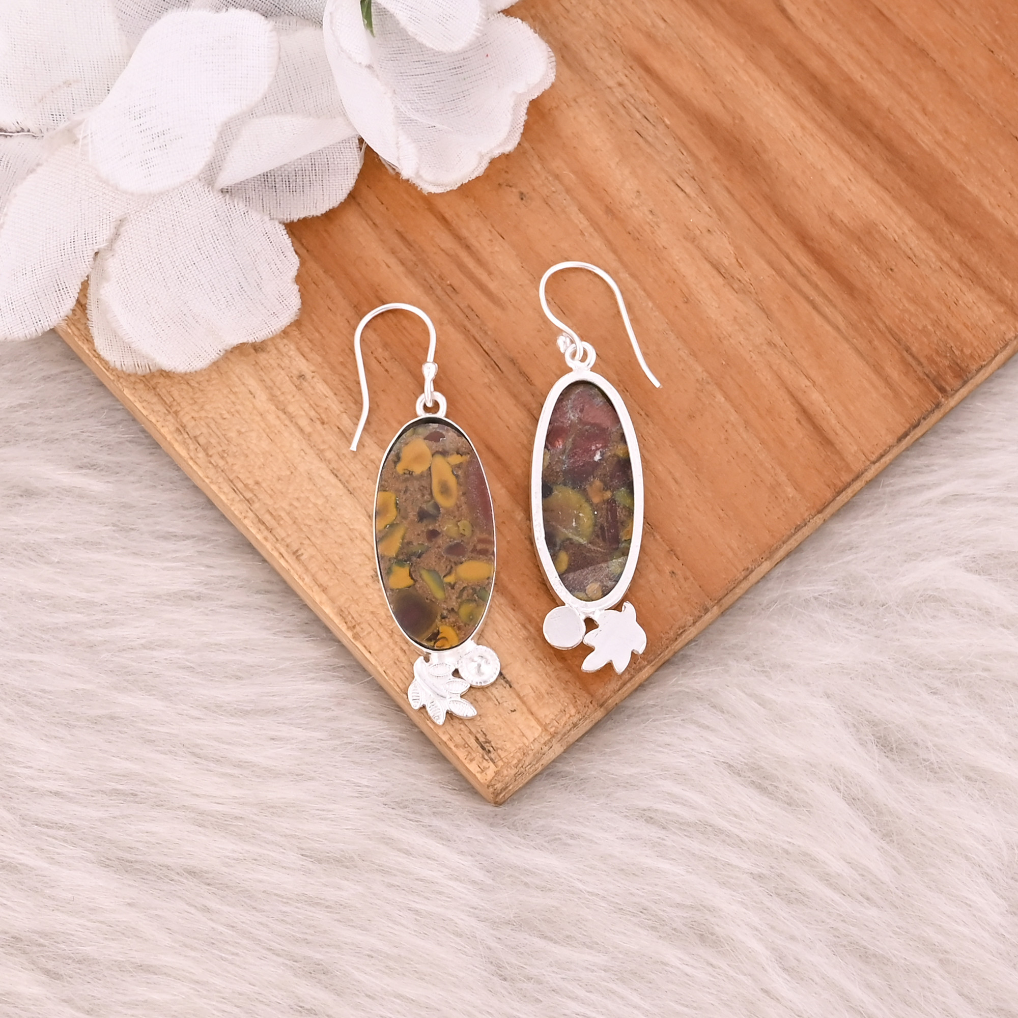 Fruit Jasper Long Oval Gemstone Handmade Designer Brass Silver Plated Dangler Earring