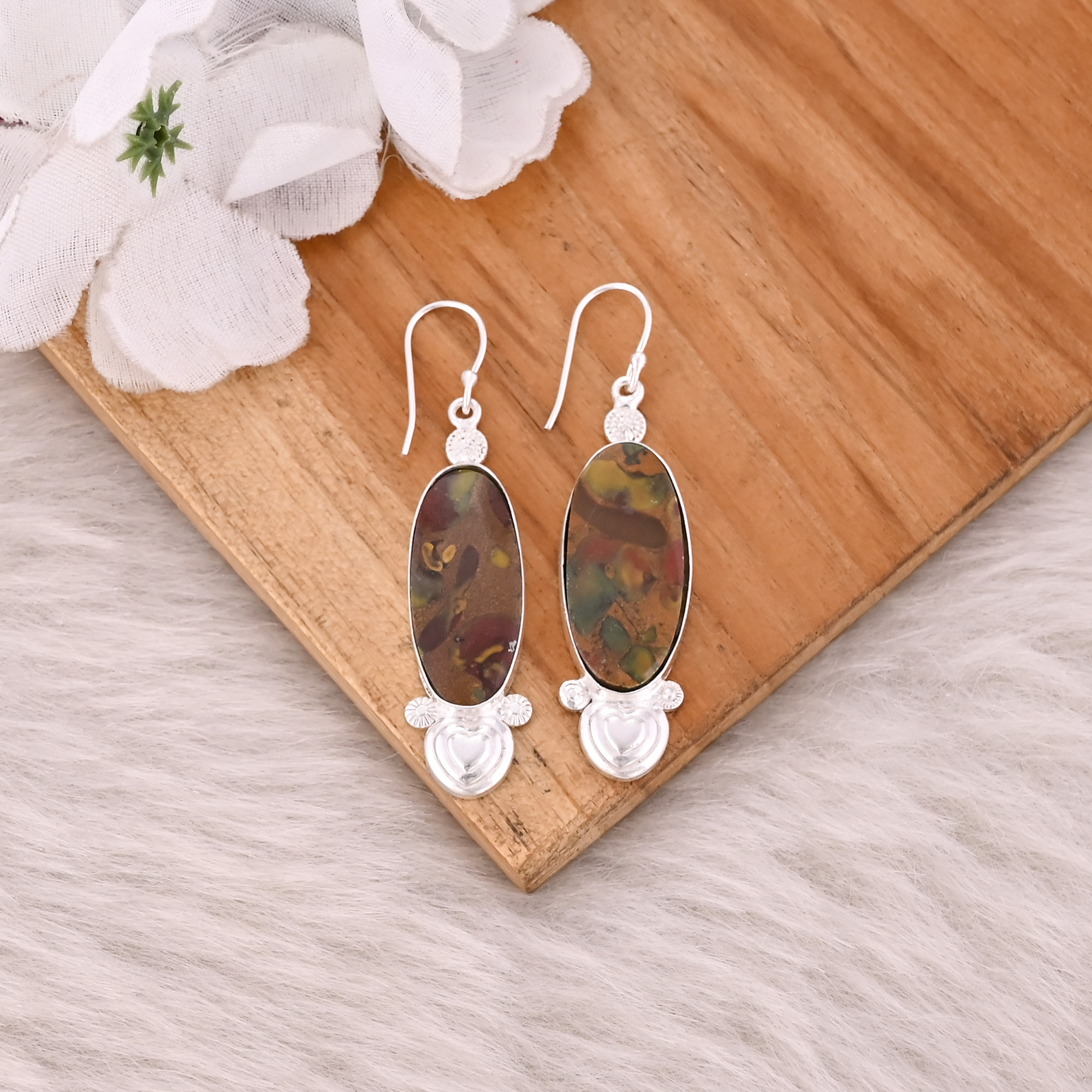 Fruit Jasper Long Oval Gemstone Handmade Designer Brass Silver Plated Dangler Earring Wholesale Earring