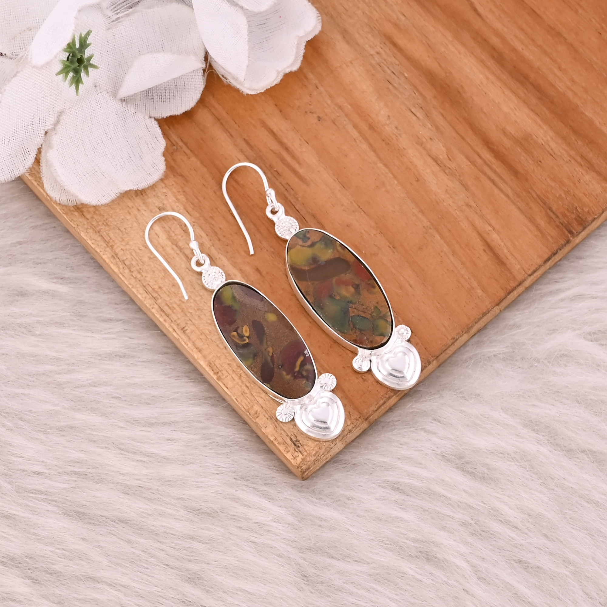 Fruit Jasper Long Oval Gemstone Handmade Designer Brass Silver Plated Dangler Earring Wholesale Earring