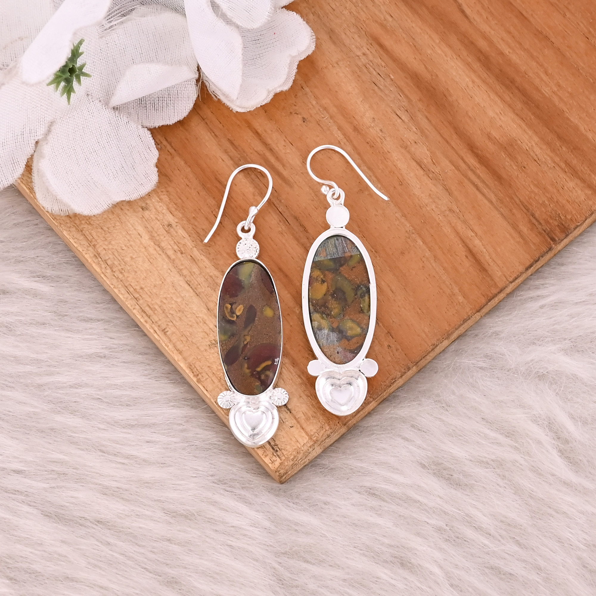 Fruit Jasper Long Oval Gemstone Handmade Designer Brass Silver Plated Dangler Earring Wholesale Earring