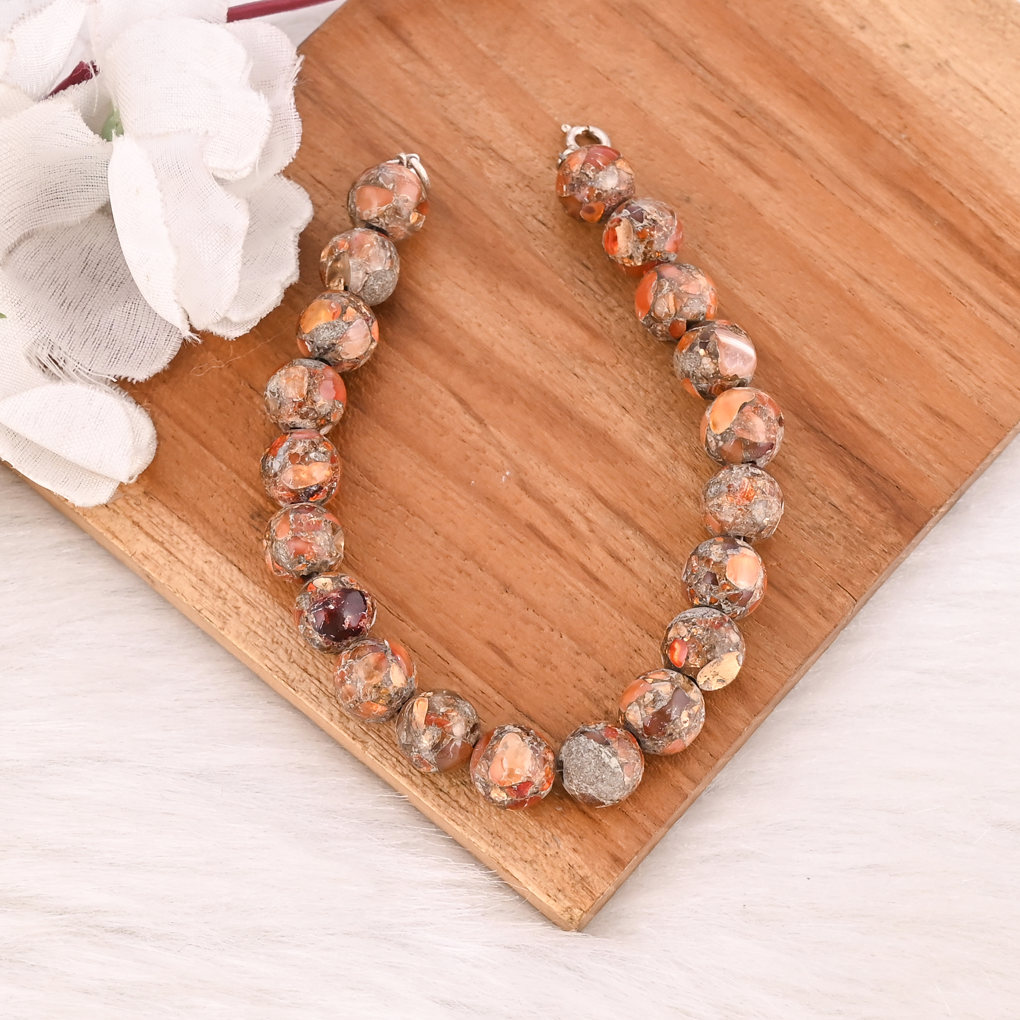 Natural Fire Opal Copper Beads 925 Sterling Silver Bracelet Handmade Gemstone Jewelry for Unisex