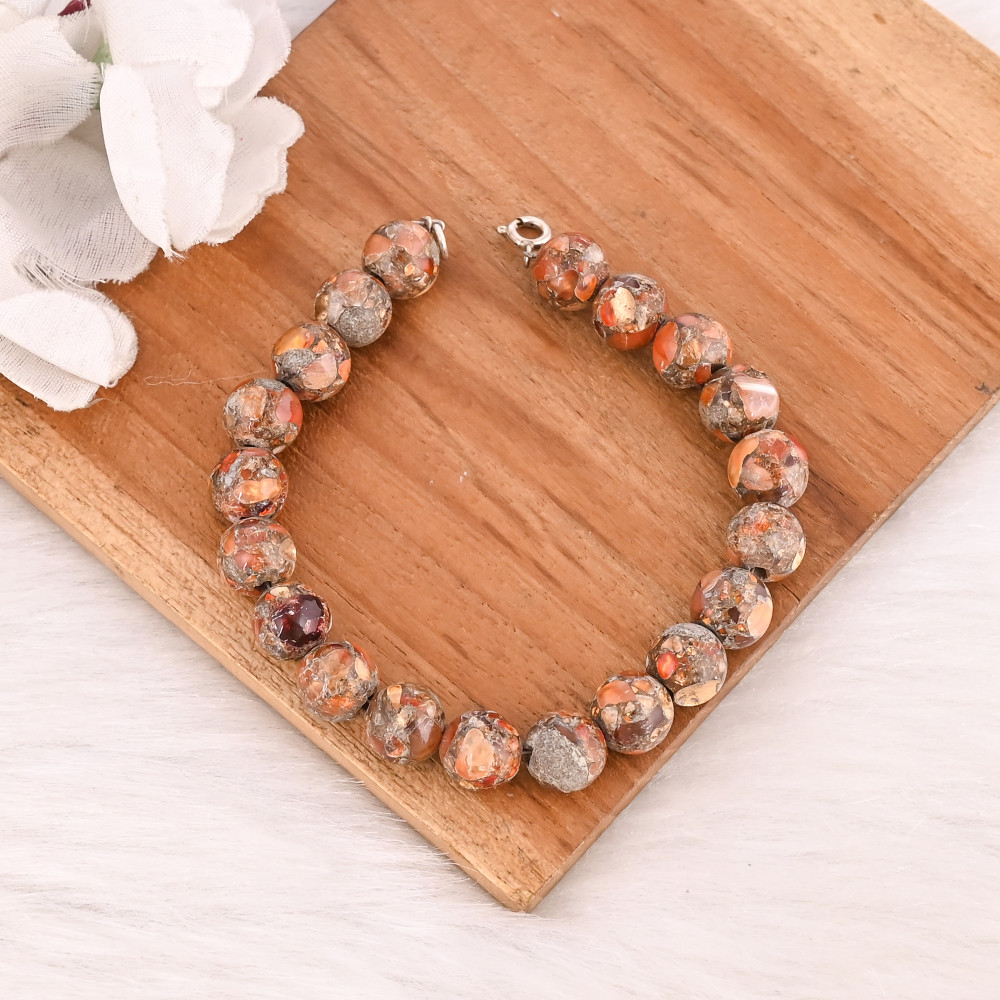 Image of Natural Fire Opal Copper Beads 925 Sterling Silver Bracelet Handmade Gemstone Jewelry for Unisex