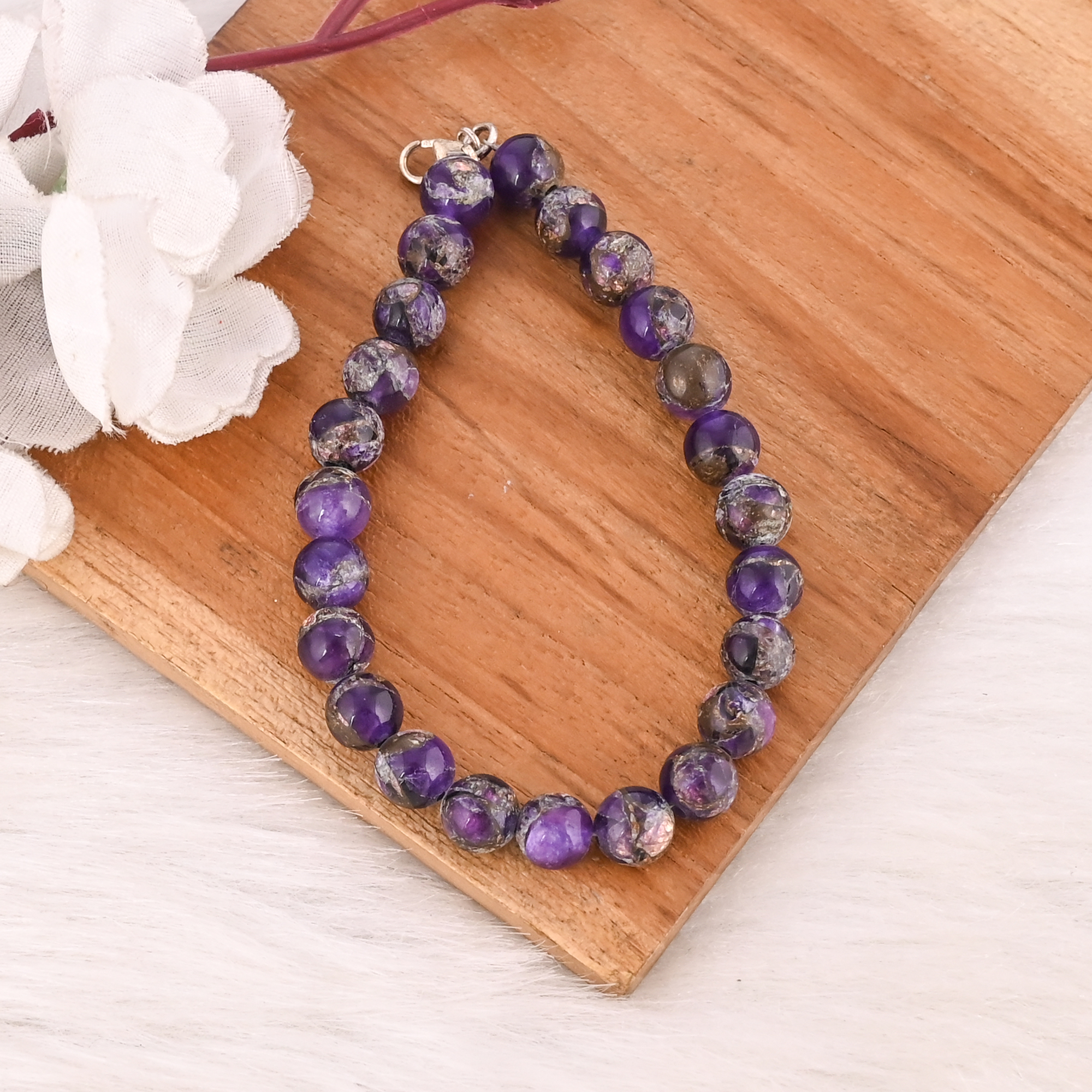 Natural Purple Amethyst Copper Beads 925 Sterling Silver Bracelet Handmade Gemstone Jewelry for Unisex