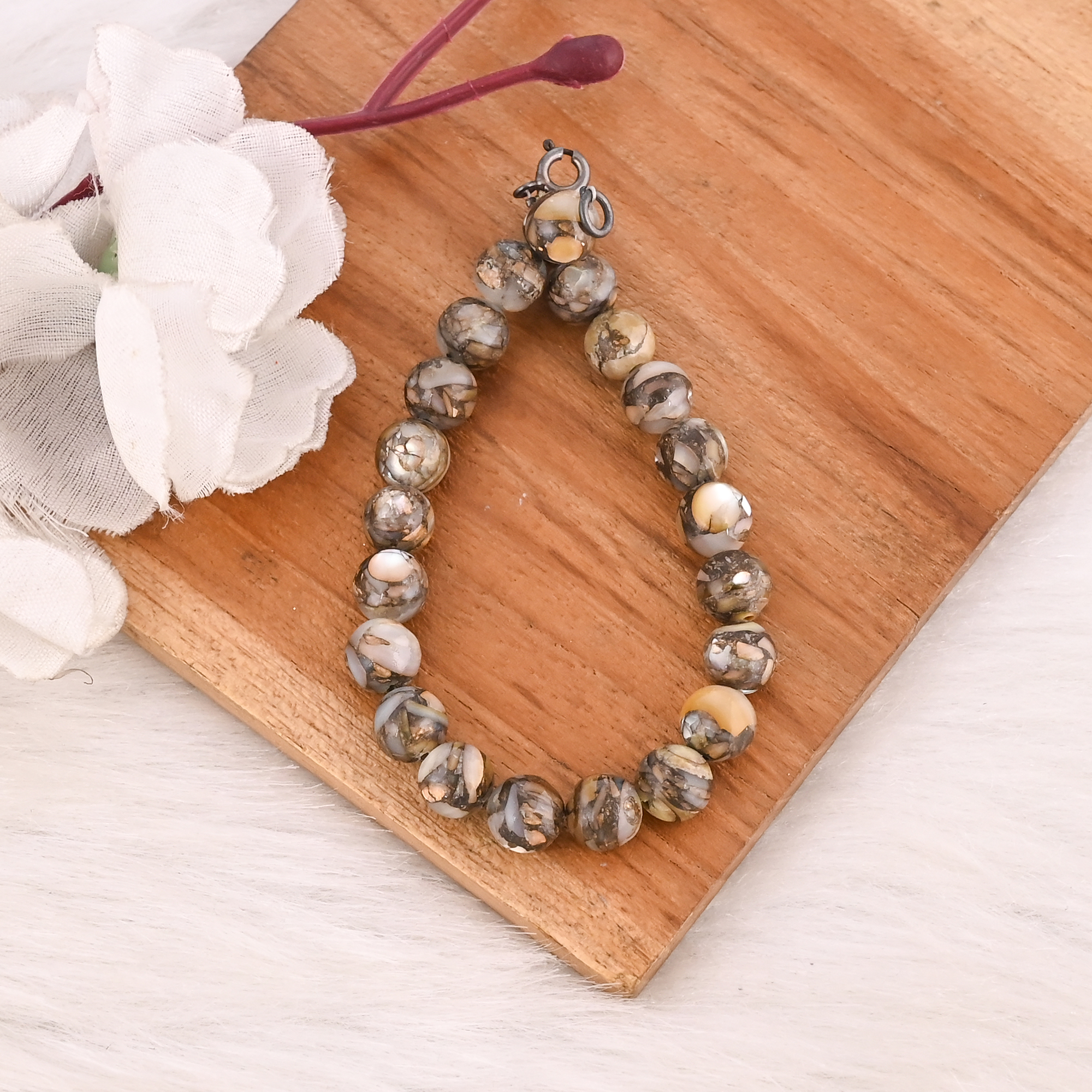 Natural Mother of Pearl Copper Beads 925 Sterling Silver Bracelet Handmade Jewelry