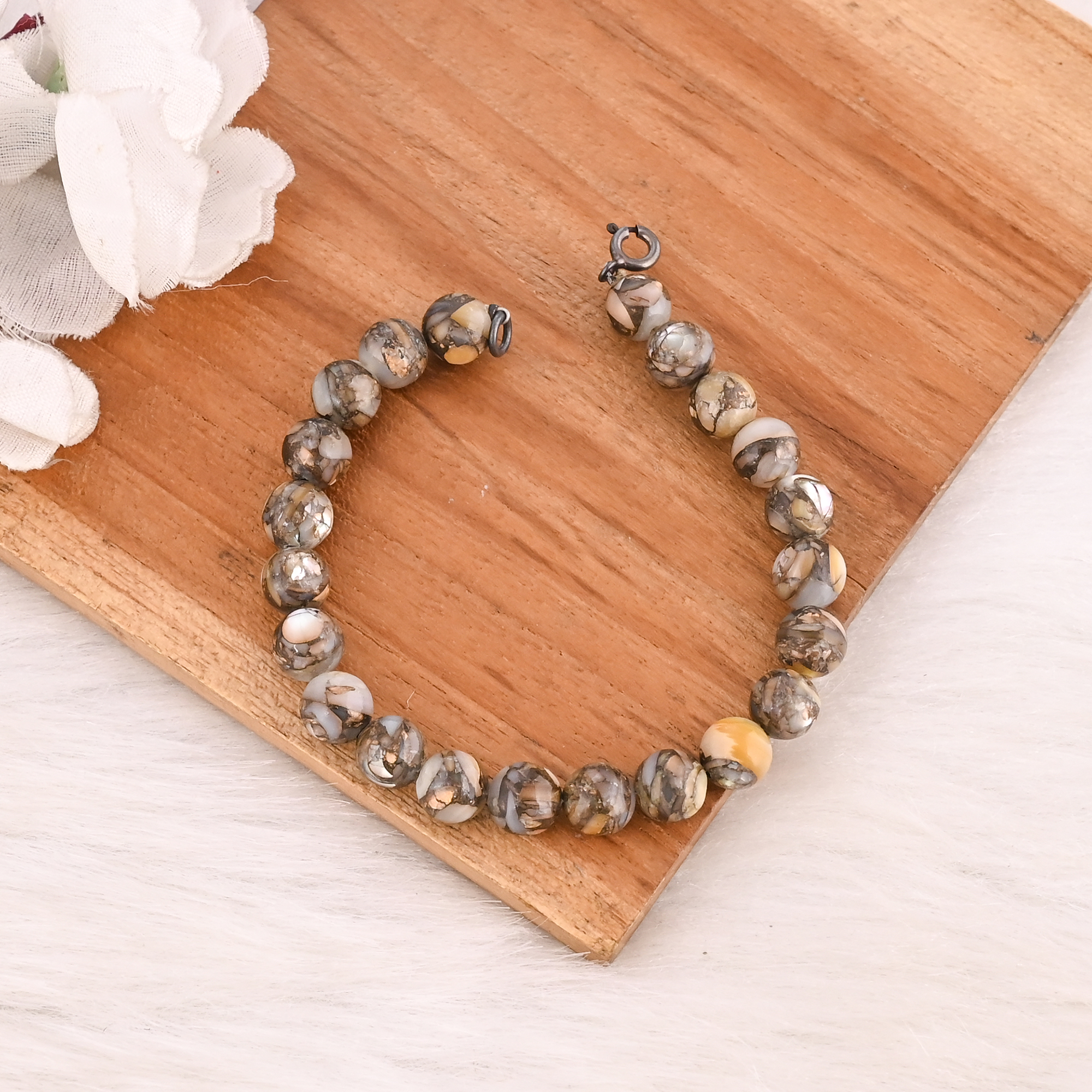 Natural Mother of Pearl Copper Beads 925 Sterling Silver Bracelet Handmade Jewelry