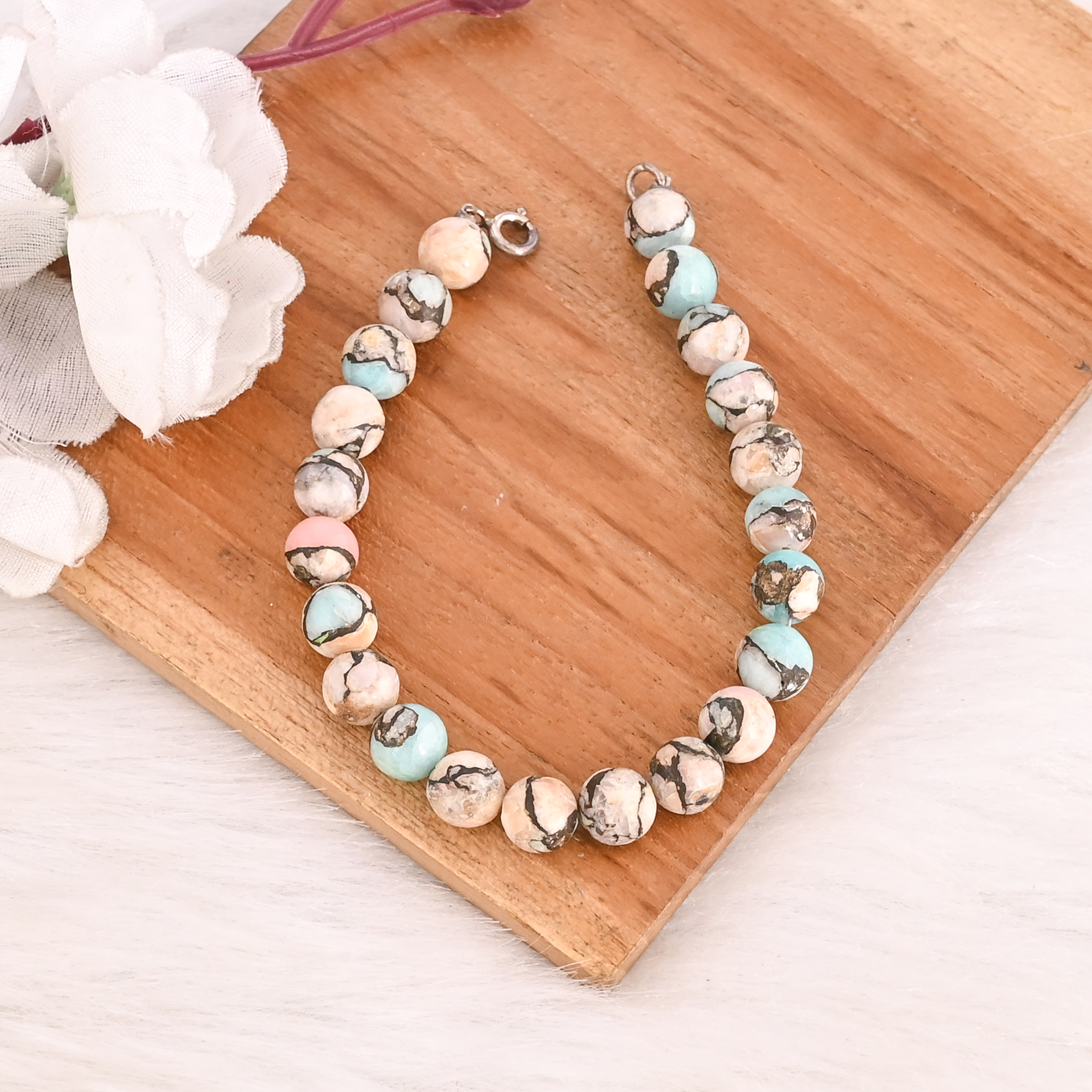 Natural Pink Opal  Amazonite Copper Gemstone 925 Sterling Silver Bracelet Handmade Jewelry for Unisex