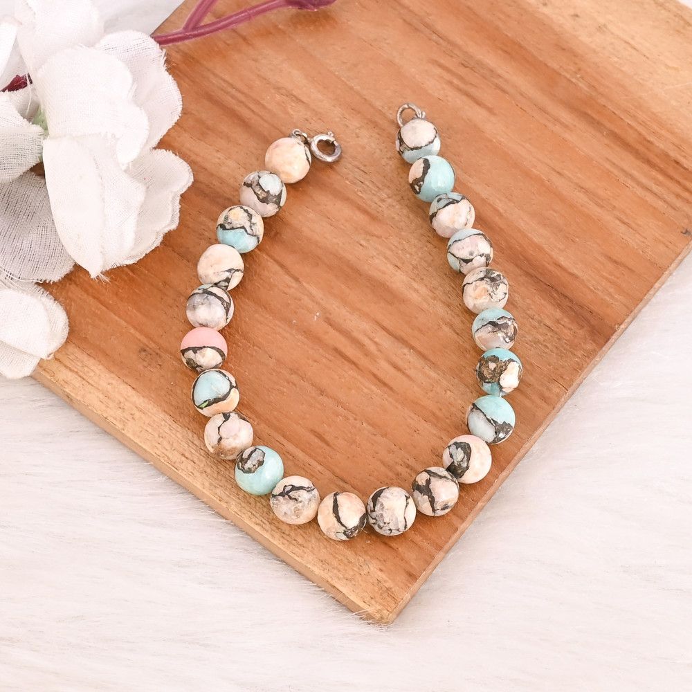 Image of Natural Pink Opal &amp; Amazonite Copper Gemstone 925 Sterling Silver Bracelet Handmade Jewelry for Unisex