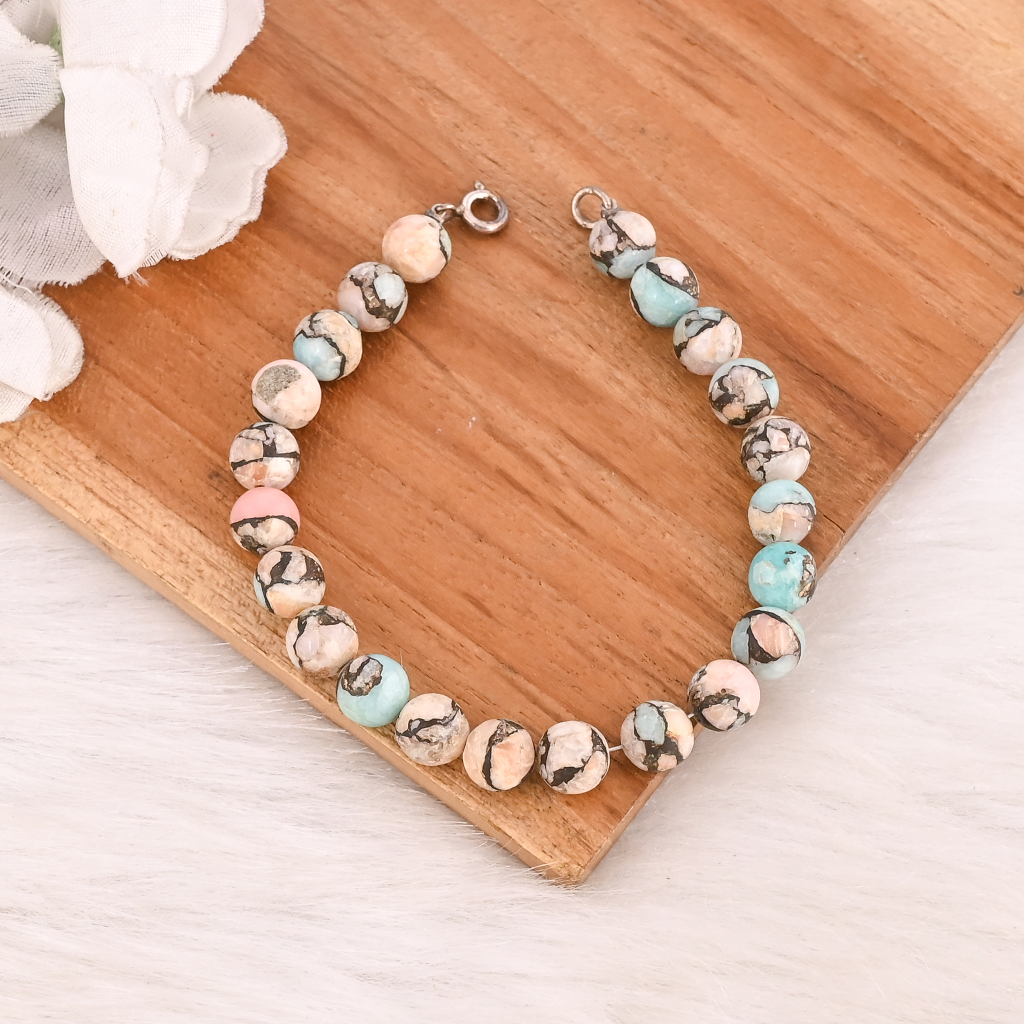 Natural Pink Opal  Amazonite Copper Gemstone 925 Sterling Silver Bracelet Handmade Jewelry for Unisex