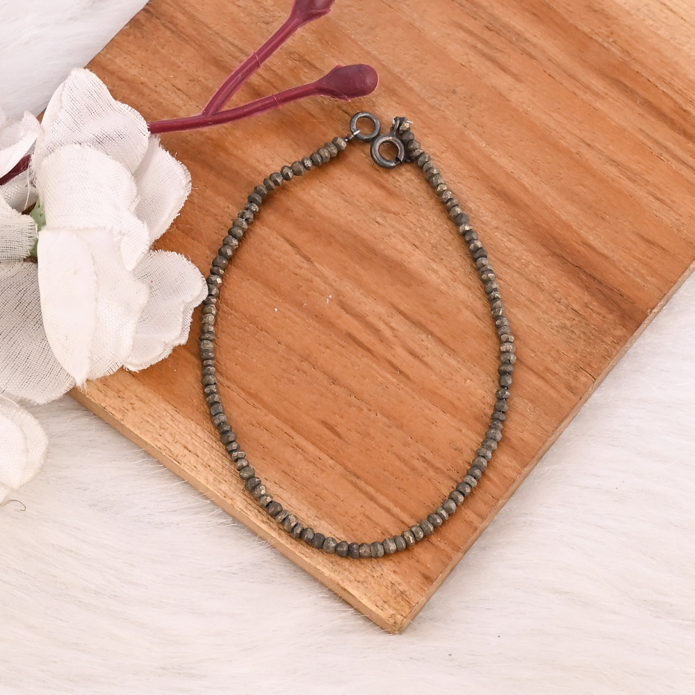 Image of Natural Pyrite Gemstone Faceted Rondelle Bead Bracelet Handmade Jewelry for Women