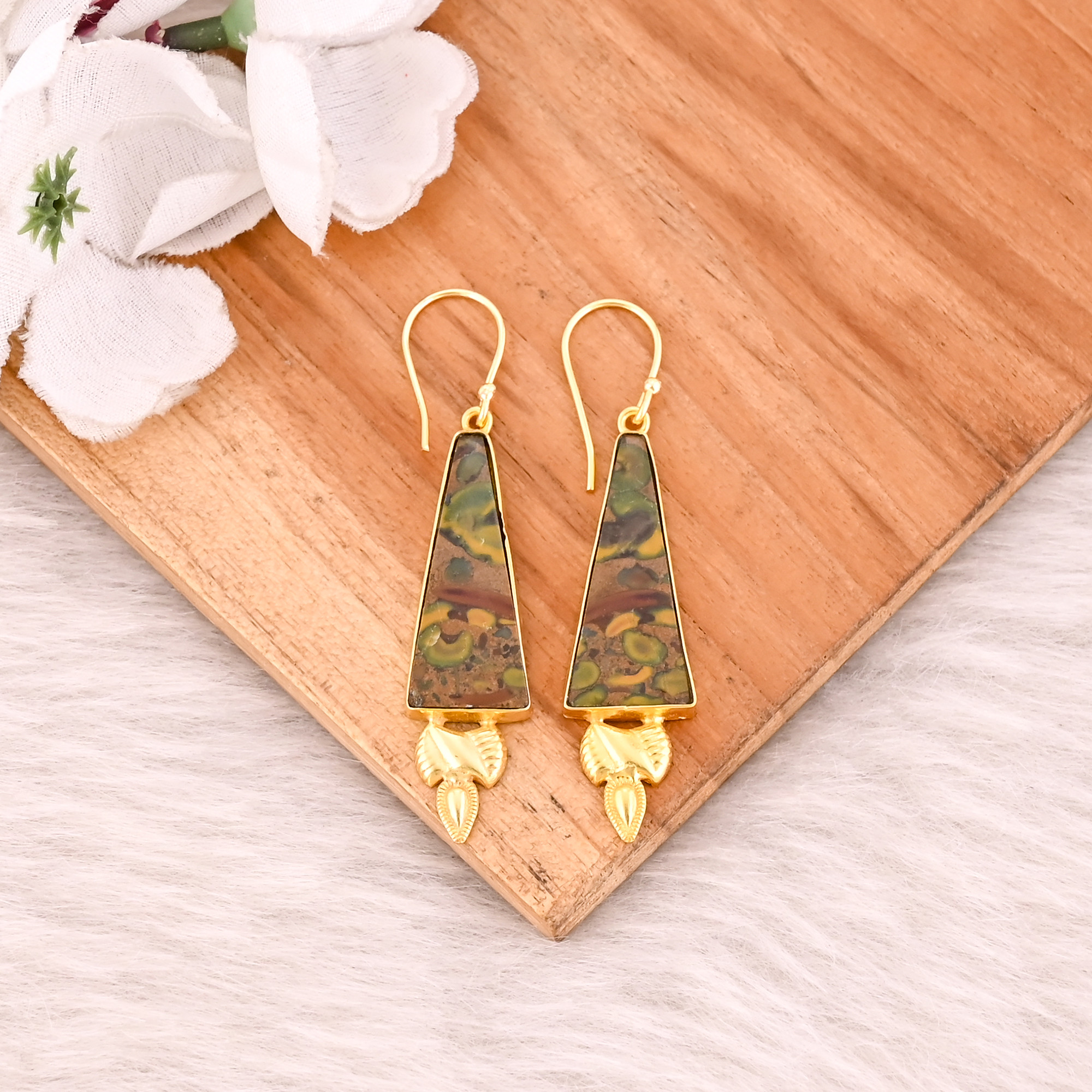 Fruit Jasper Gemstone Yellow Gold Plated Brass Handmade Bohemian Dangle Designer Partywear Earring