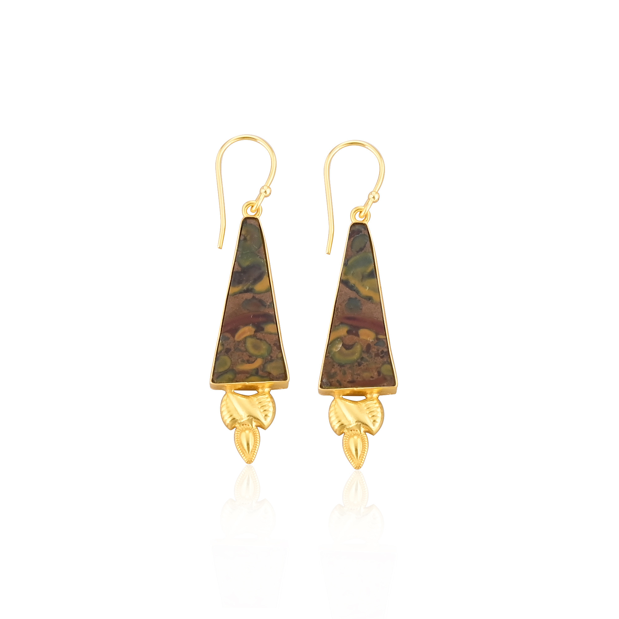Fruit Jasper Gemstone Yellow Gold Plated Brass Handmade Bohemian Dangle Designer Partywear Earring