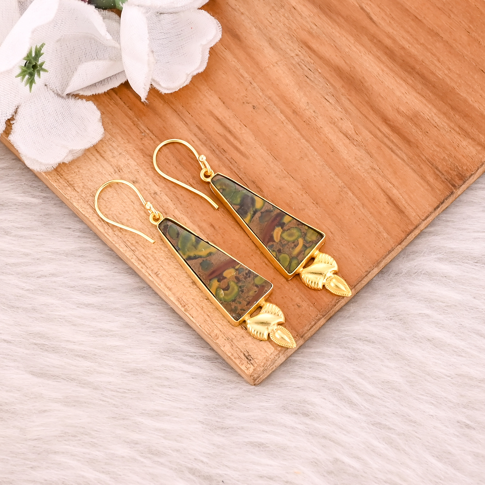 Fruit Jasper Gemstone Yellow Gold Plated Brass Handmade Bohemian Dangle Designer Partywear Earring