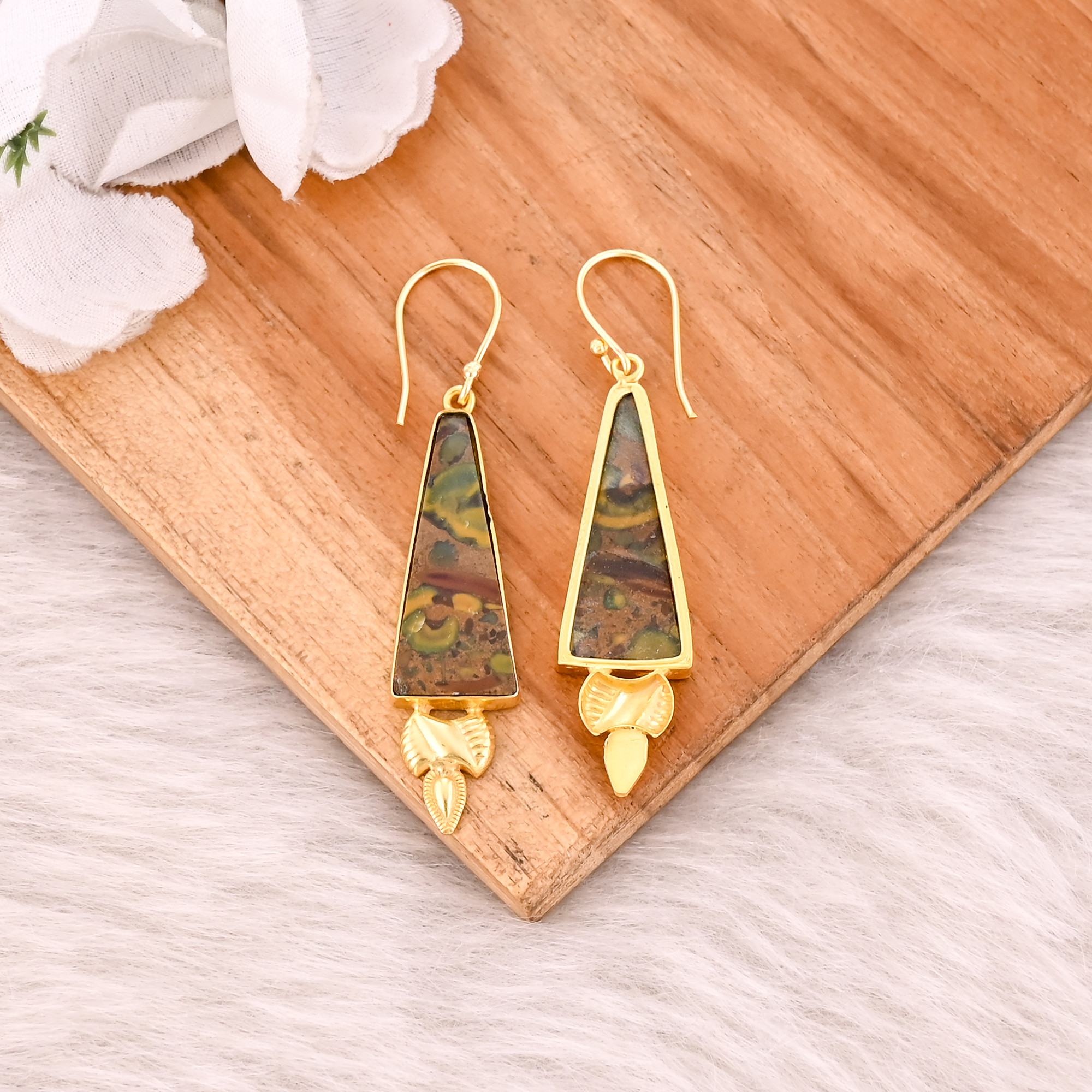 Fruit Jasper Gemstone Yellow Gold Plated Brass Handmade Bohemian Dangle Designer Partywear Earring