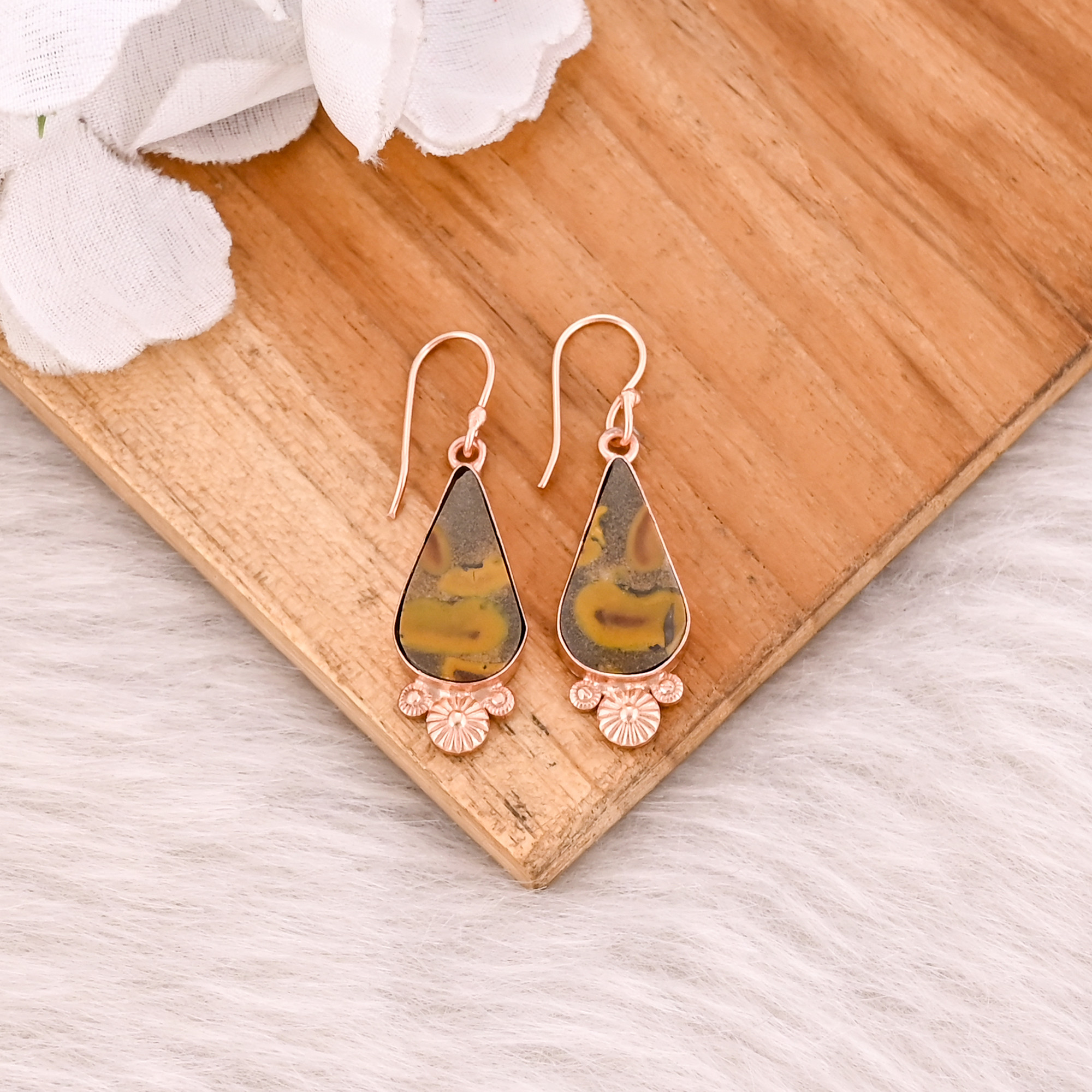 Fruit Jasper Pear Gemstone Handmade Designer Brass Rose Gold Plated Dangler Earring Bridesmaid Gift