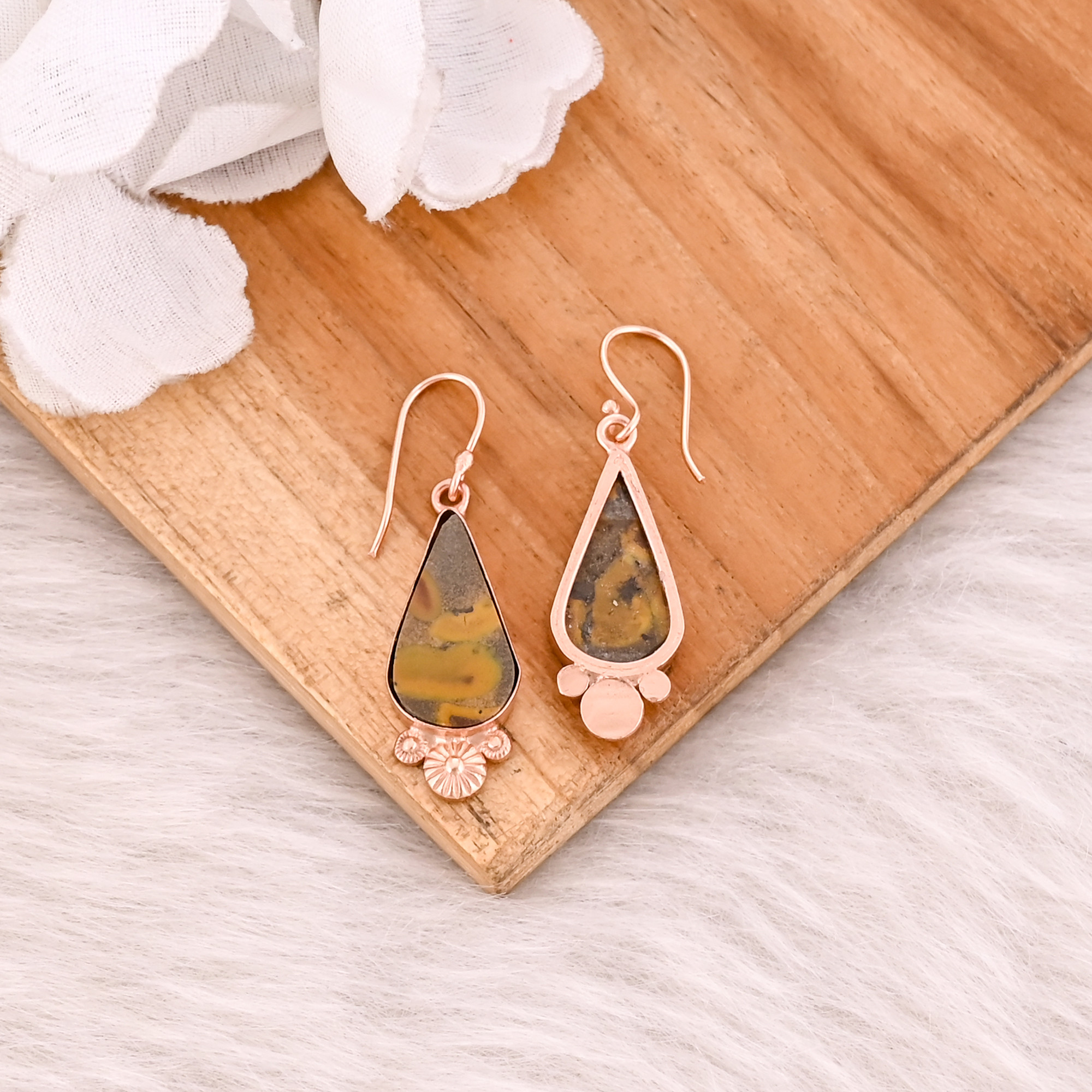 Fruit Jasper Pear Gemstone Handmade Designer Brass Rose Gold Plated Dangler Earring Bridesmaid Gift