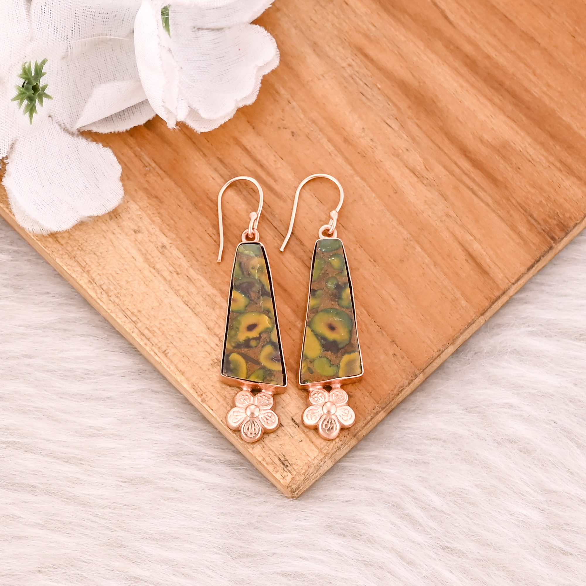 Fruit Jasper Gemstone Handmade Designer Brass Rose Gold Plated Dangler Earring Wholesale Earring