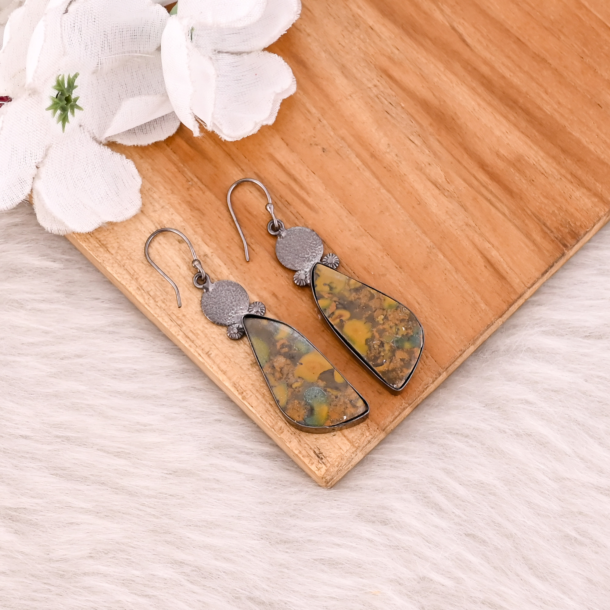 Fruit Jasper Gemstone Handmade Brass Black Ruthenium Dangler Earring Women Earring
