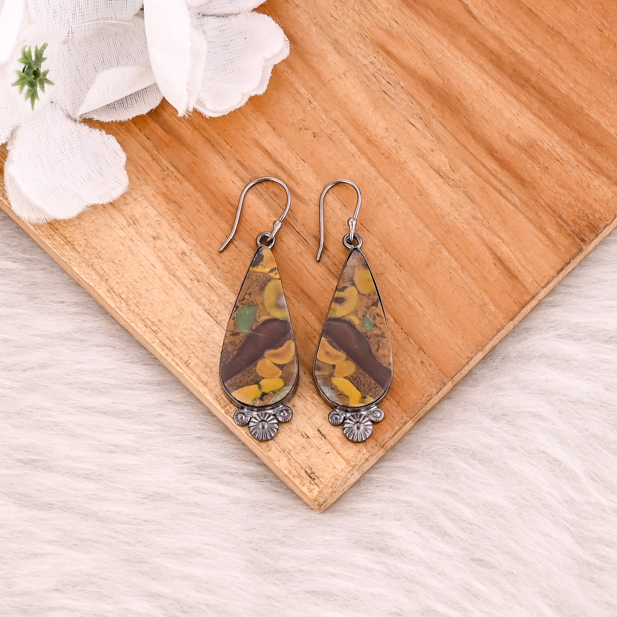 Fruit Jasper Pear Gemstone Handmade Designer Brass Black Ruthenium Dangler Earring