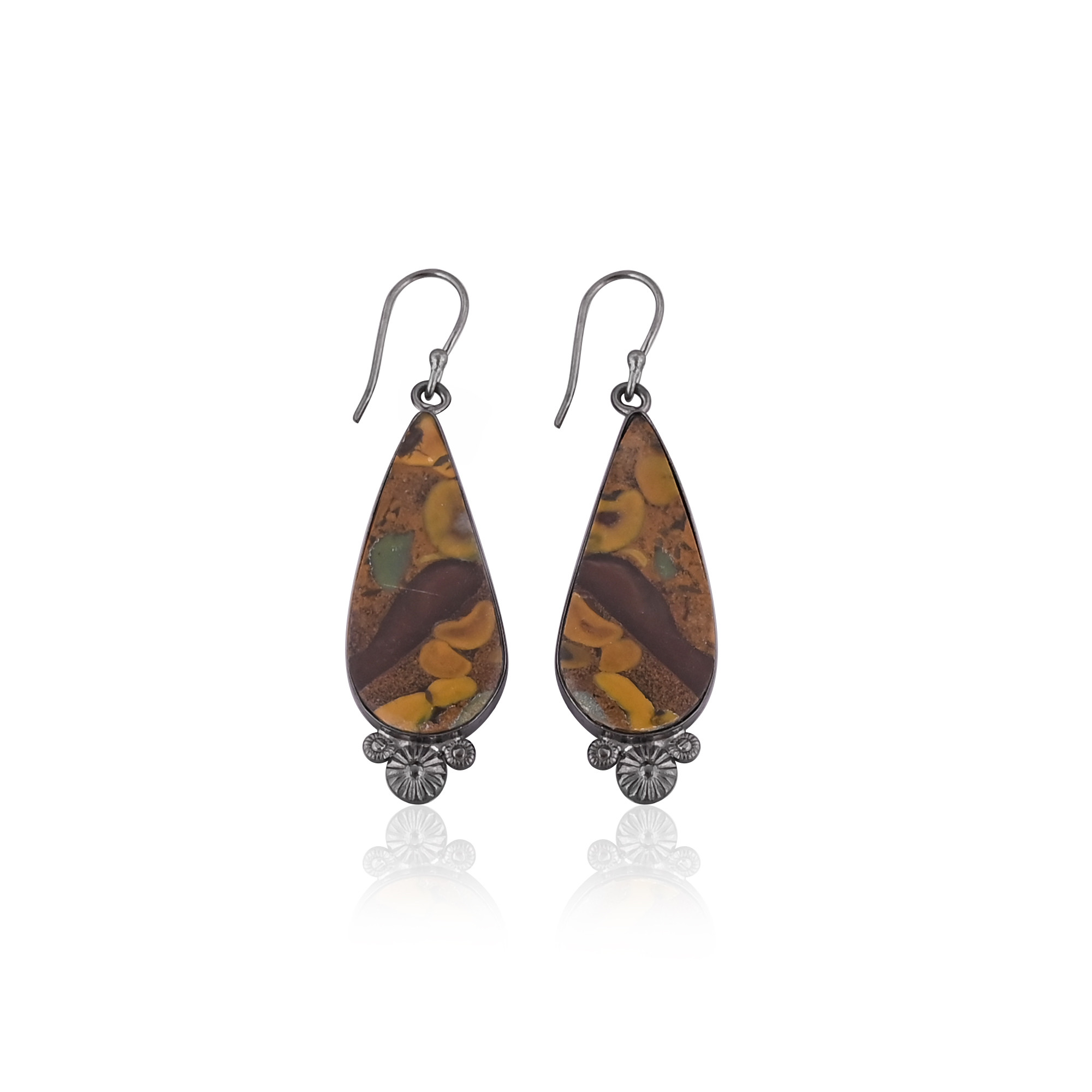 Fruit Jasper Pear Gemstone Handmade Designer Brass Black Ruthenium Dangler Earring