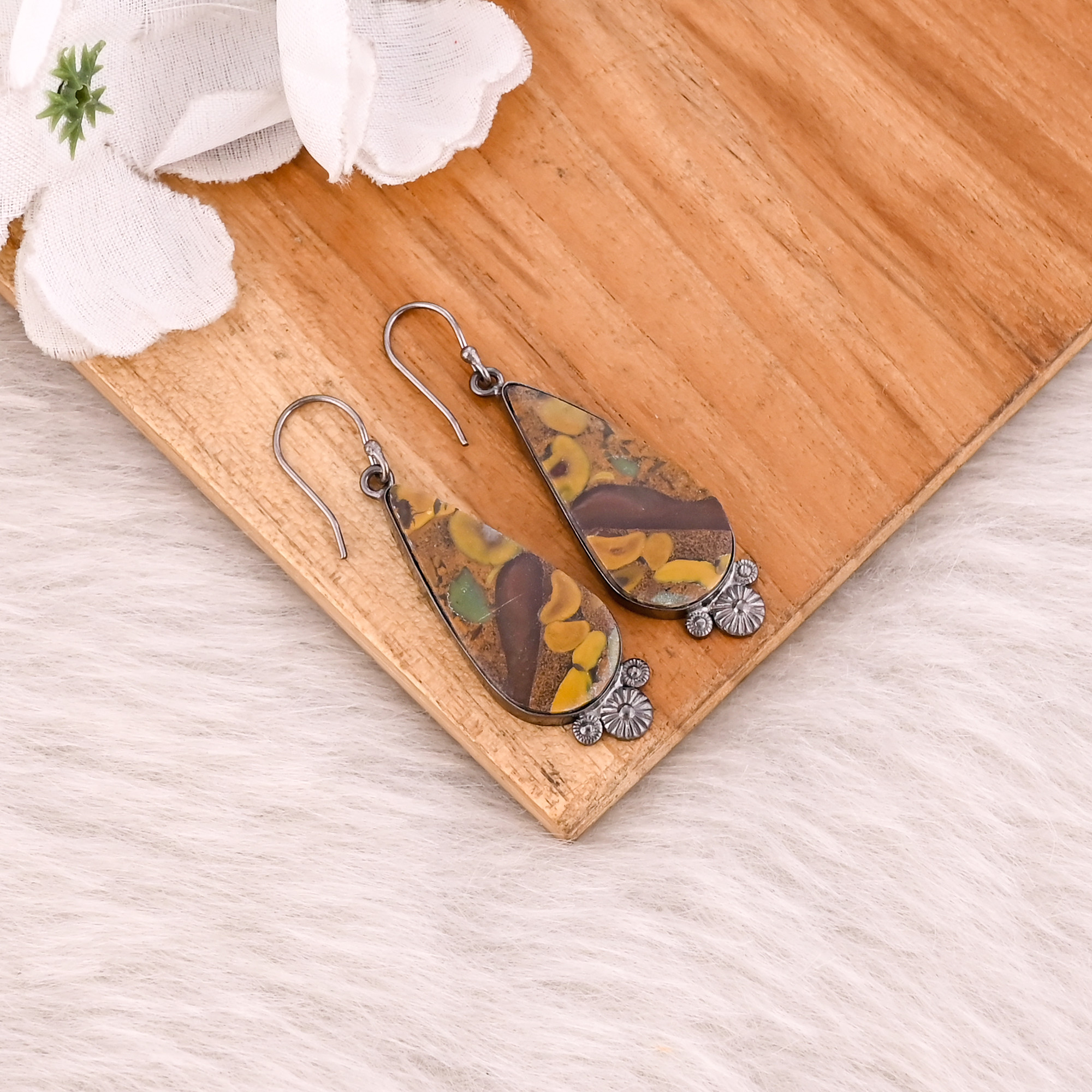 Fruit Jasper Pear Gemstone Handmade Designer Brass Black Ruthenium Dangler Earring