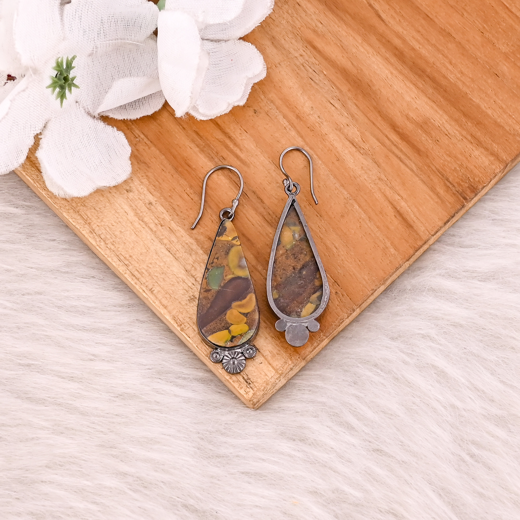Fruit Jasper Pear Gemstone Handmade Designer Brass Black Ruthenium Dangler Earring