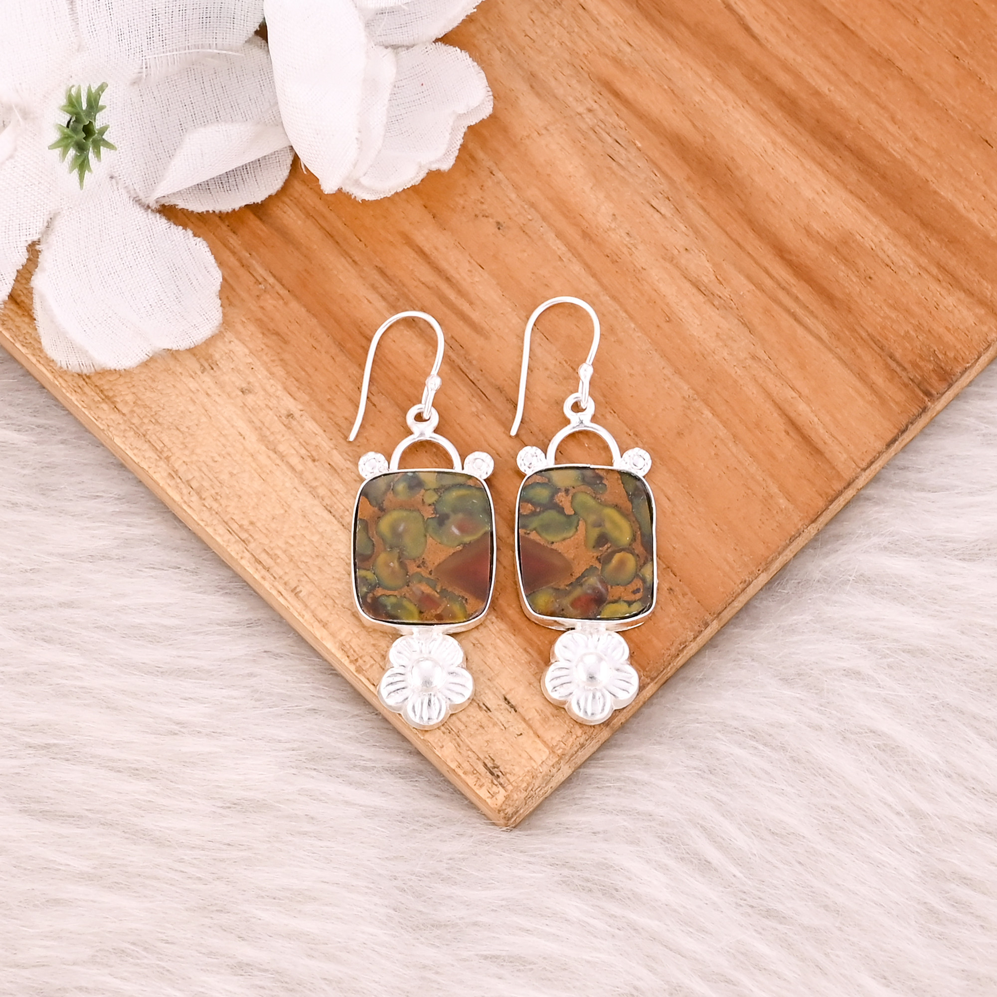 Handmade Trendy Brass Jewelry Silver Plated Fruit Jasper Gemstone Dangle Earrings For Women