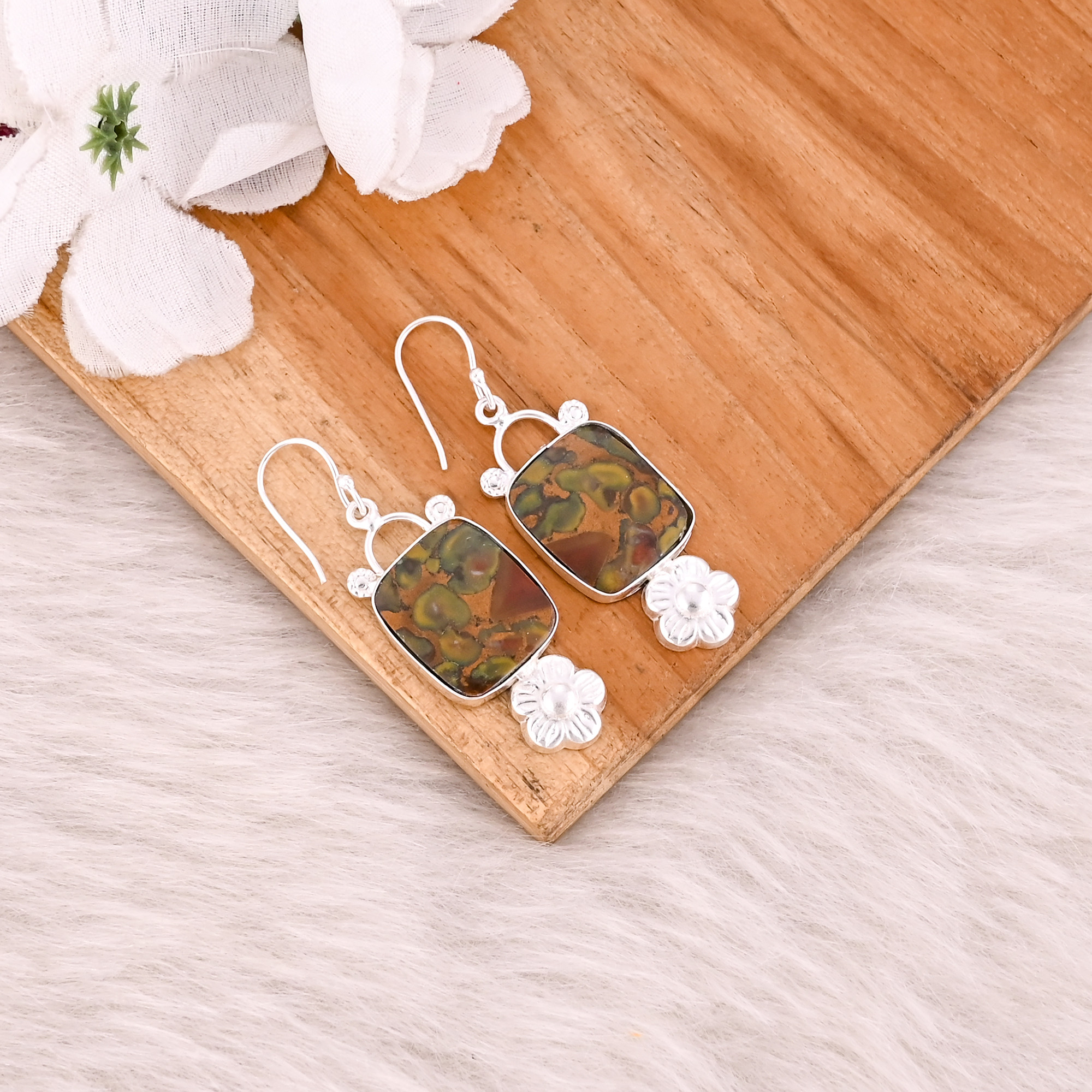 Handmade Trendy Brass Jewelry Silver Plated Fruit Jasper Gemstone Dangle Earrings For Women