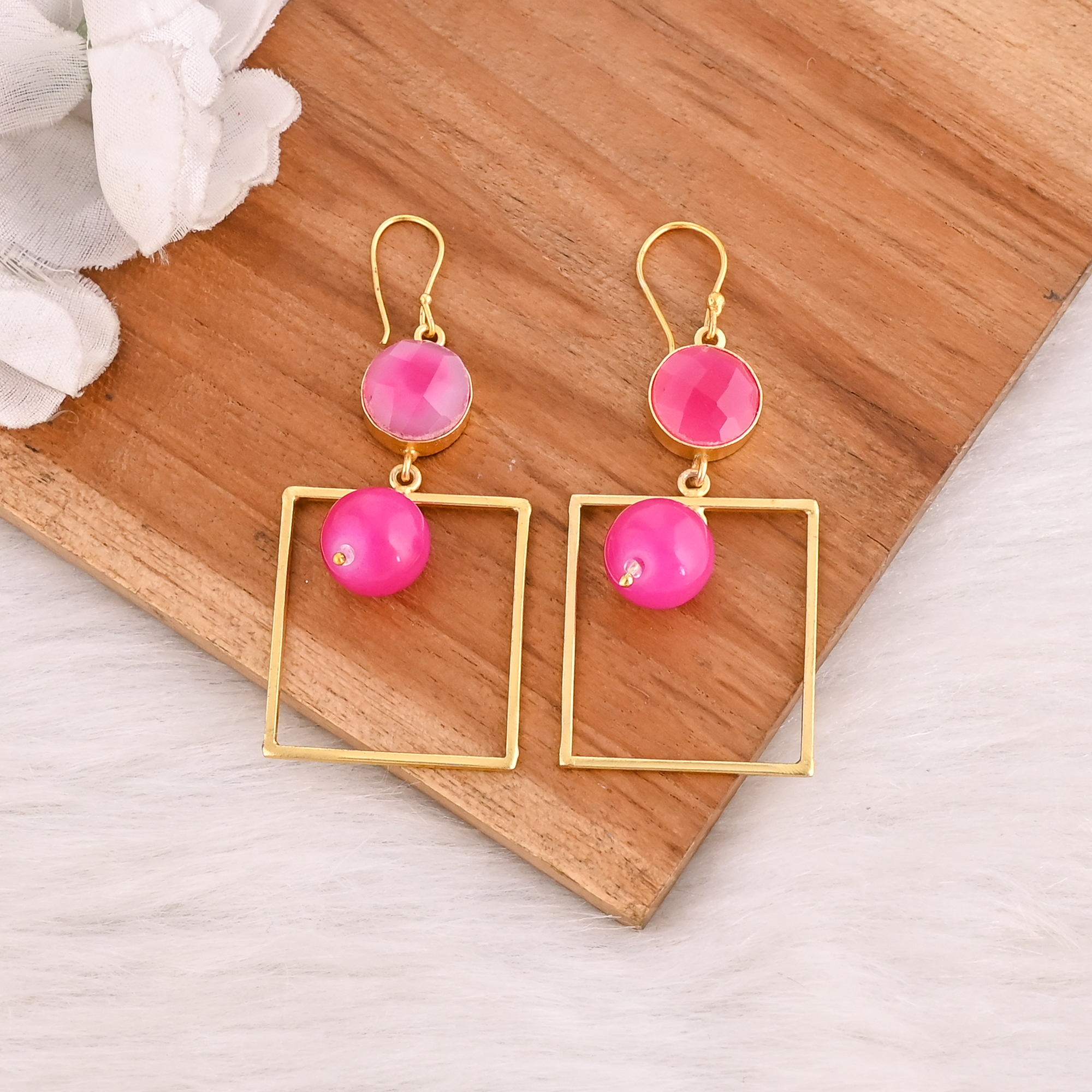 Natural Fuchsia Chalcedony Gemstone Brass Earrings Gold Plated Handmade Jewelry for Women Wholesale Lot 10 Pairs