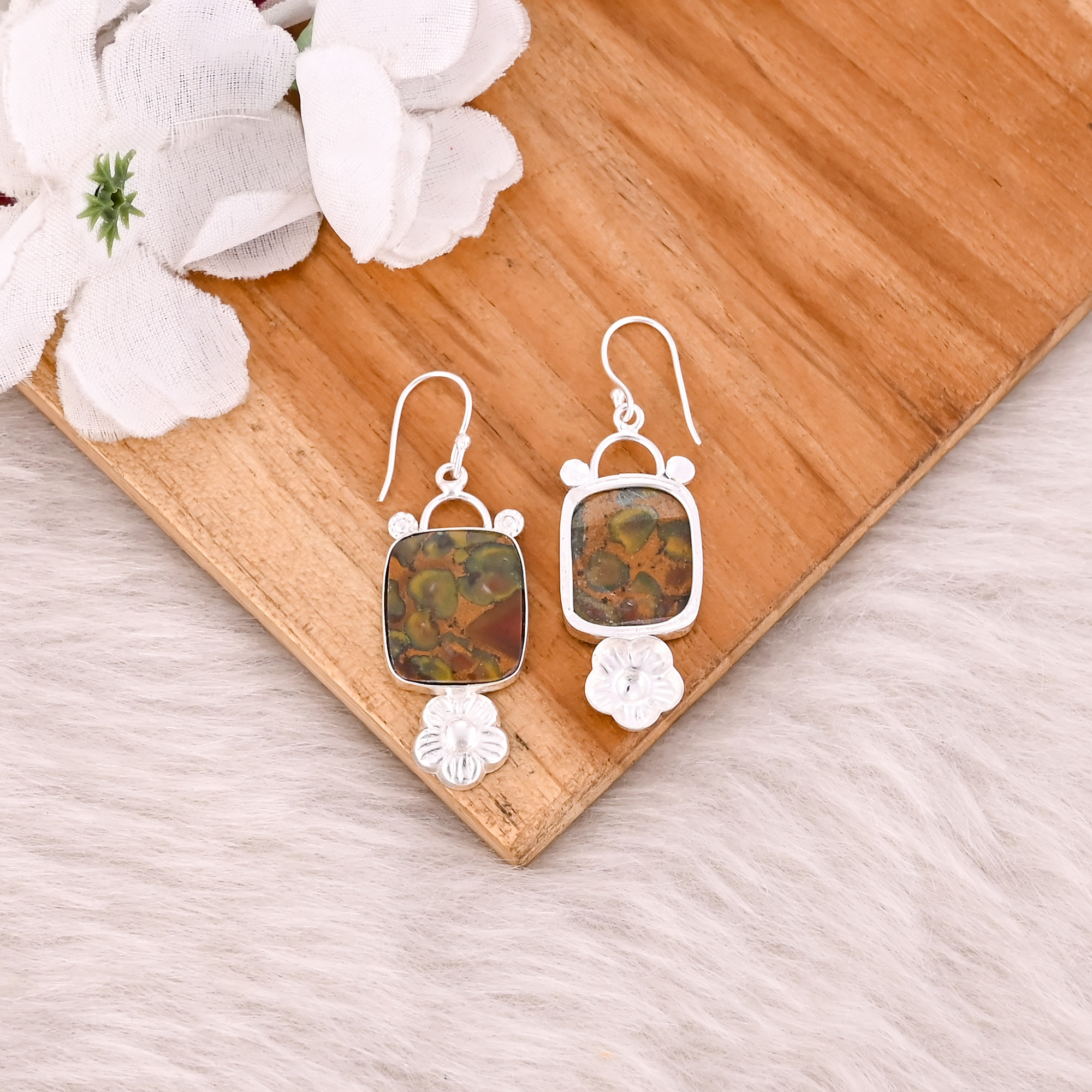 Handmade Trendy Brass Jewelry Silver Plated Fruit Jasper Gemstone Dangle Earrings For Women