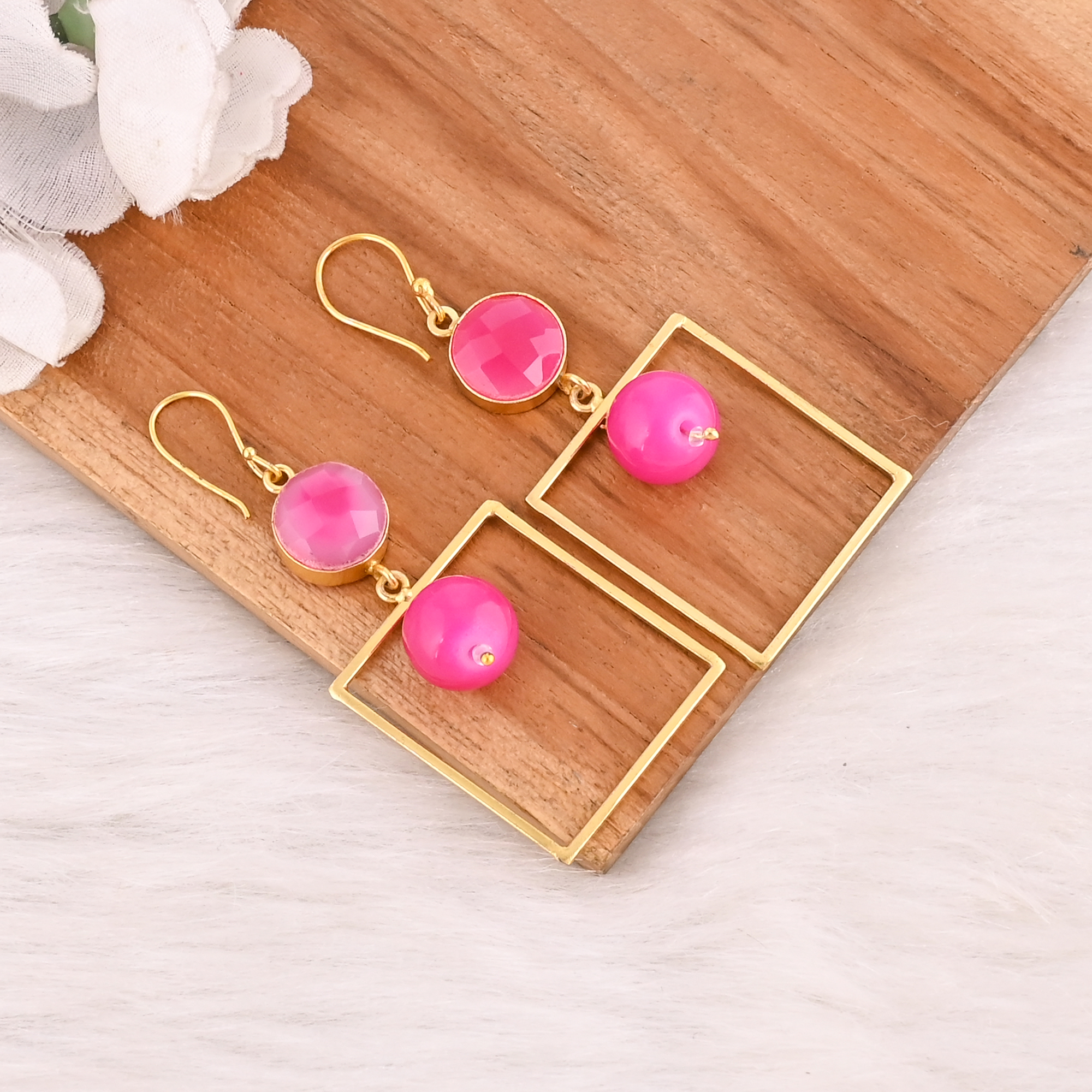 Natural Fuchsia Chalcedony Gemstone Brass Earrings Gold Plated Handmade Jewelry for Women Wholesale Lot 10 Pairs