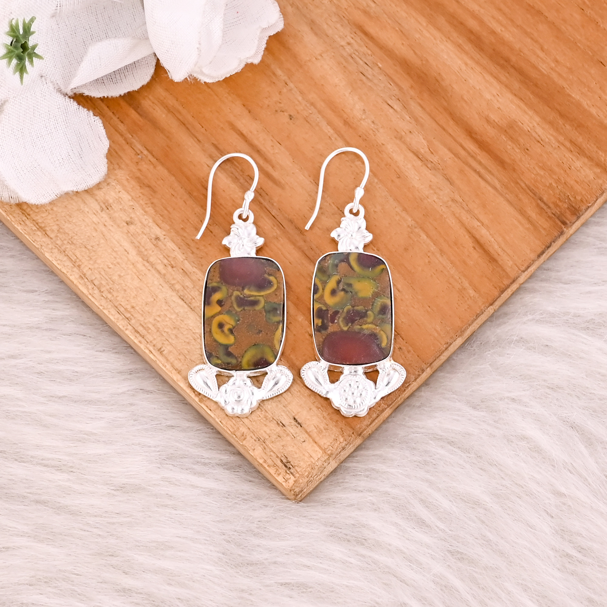 Fruit Jasper Gemstone Brass Handmade Designer Silver Plated Dangle Earring Gift For Her