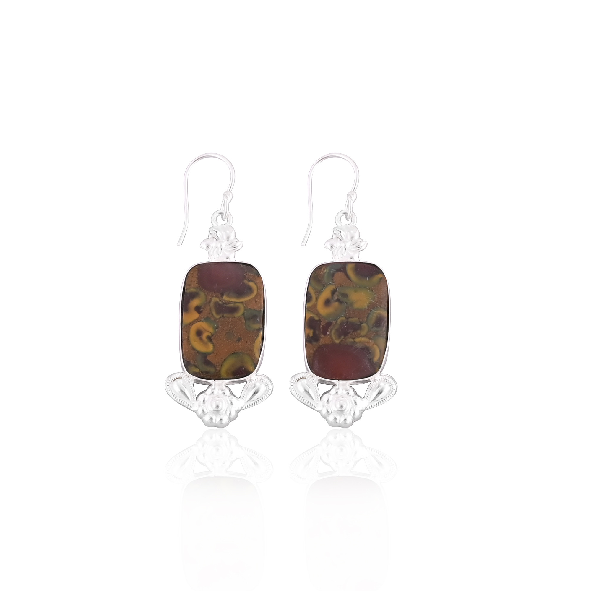 Fruit Jasper Gemstone Brass Handmade Designer Silver Plated Dangle Earring Gift For Her