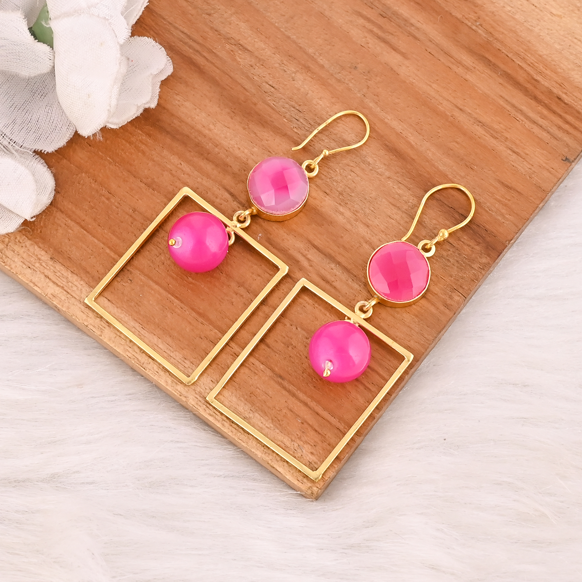 Natural Fuchsia Chalcedony Gemstone Brass Earrings Gold Plated Handmade Jewelry for Women Wholesale Lot 10 Pairs